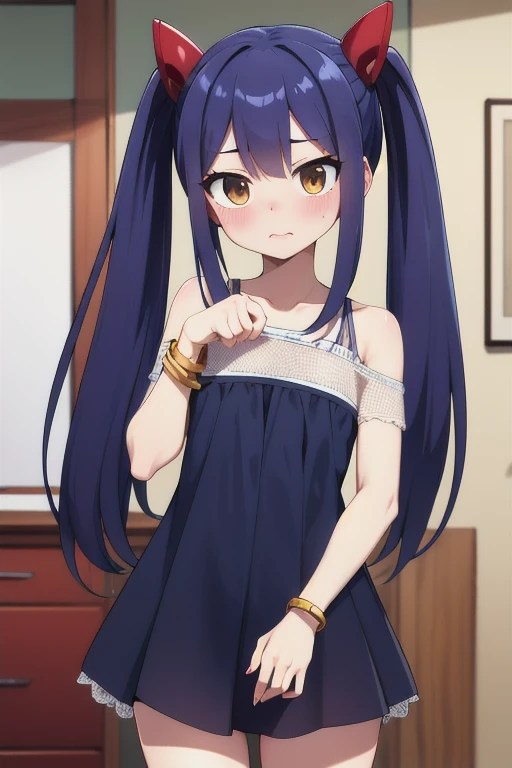 masterpiece, highest quality, High resolution, Arwendy, Long Hair, Twin tails, hair ornaments, Exposing shoulders, 
casual dress,Bracelet, bracelet, at home,	paw pose, Cowboy Shot, Embarrassed,
