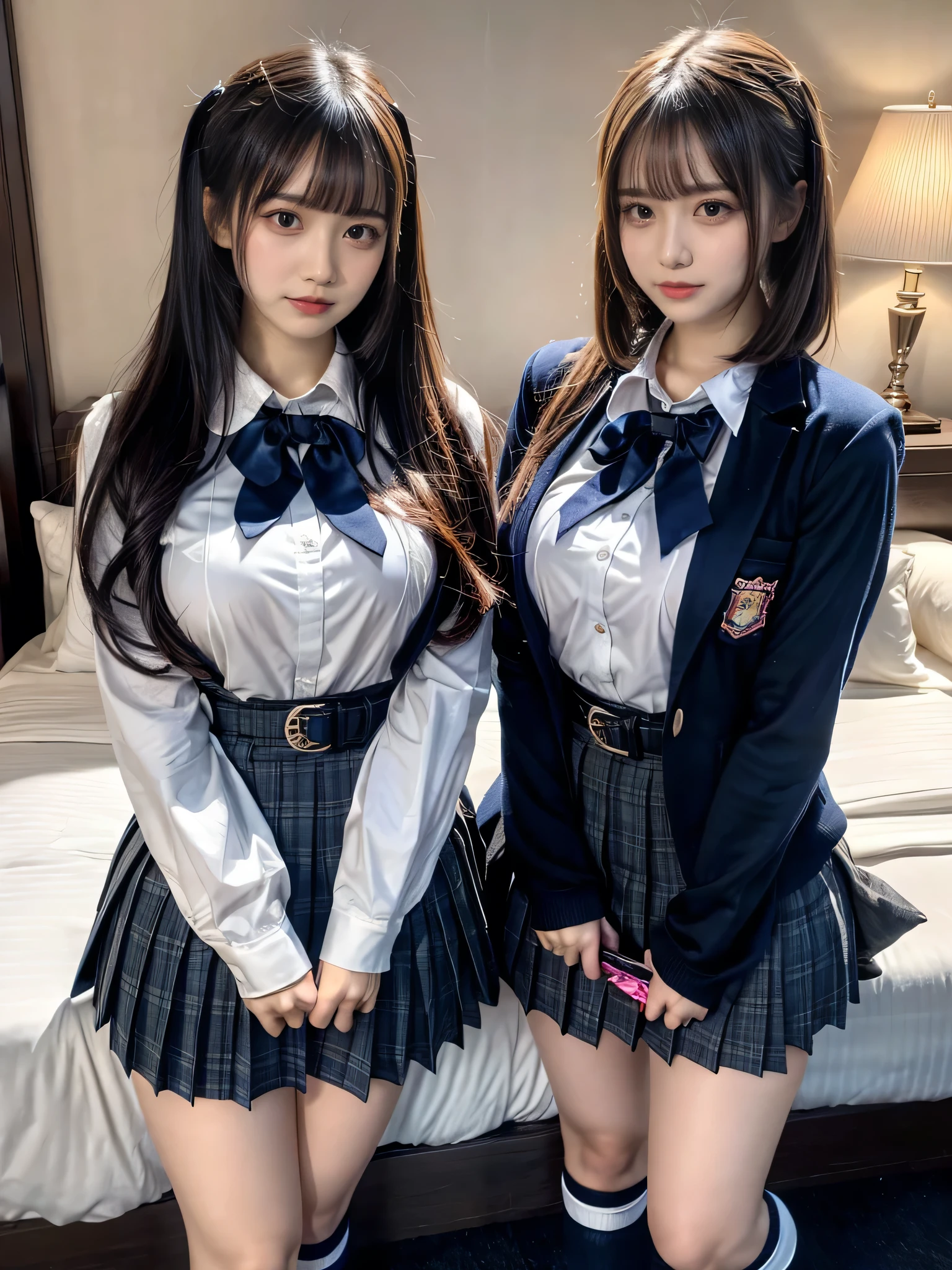 (8K, Raw photography, top-quality, masterpiece:1.2), muster piece, best quality, illustration, Super detailed, fine details, High resolution, 8K,wall paper, perfect dynamic composition,(Details High quality, realistic depiction of eyes:1.3), ((2 girls, 2 schoolgirls)), The background is a luxury hotel room、High school girl uniform、blazer 、Super Short Check Uniform Skirt、Navy blue high socks、garterbelts、Colossal tits、Disturbed uniform, Play with each other,Touching each other's bodies,Touching the body of the girl next door, short bob hair, black hair color, huge breasts, Big Natural Color Lip, bold sexy pose, (perfect body shape), crying a little、cold gaze, Harajuku style、Beautiful makeup,glitter makeup,Cutest 18 years old、 beautiful legs, hposing Gravure Idol, Voluptuous thighs