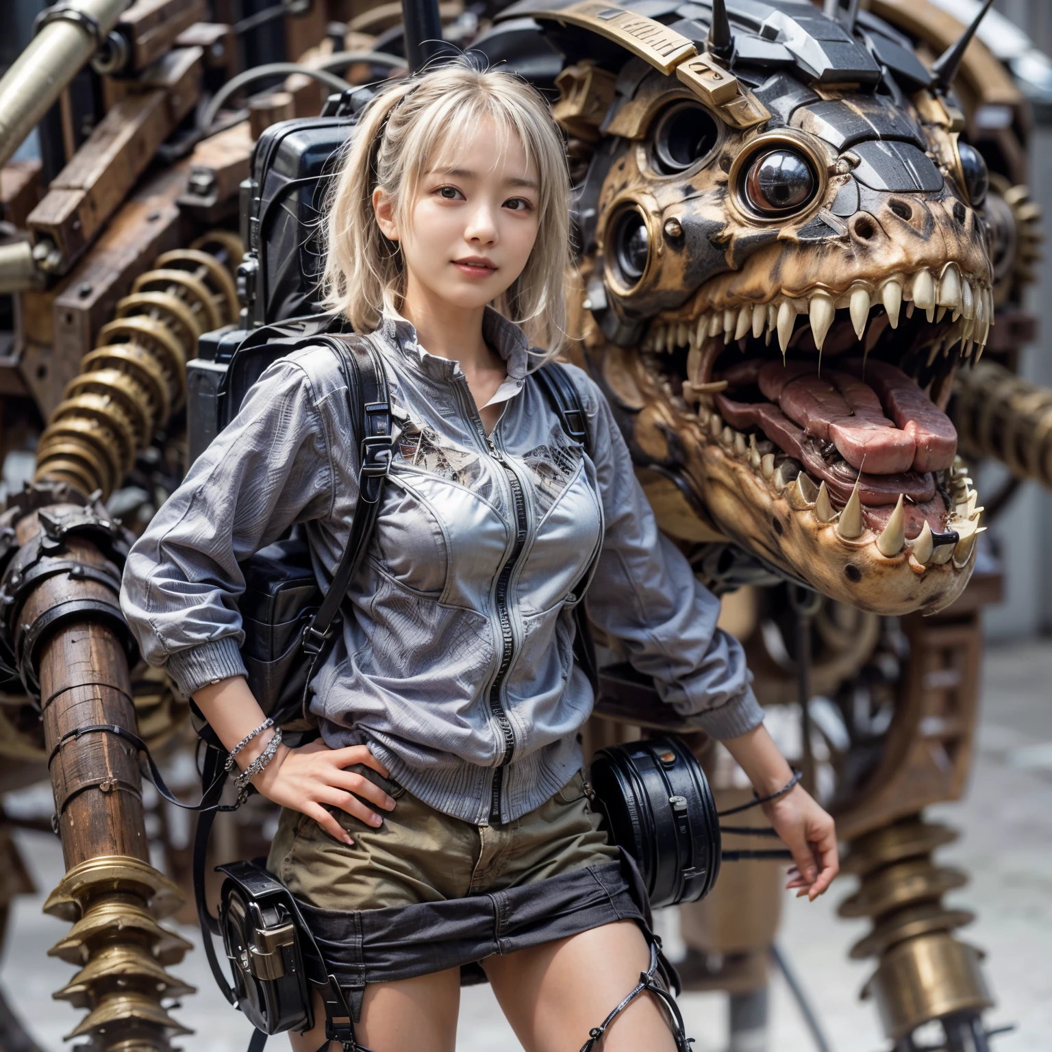 Japanese woman, heavy equipment, Mechanical backpack, very beautiful face, double teeth, fangs, reinforced exoskeleton with insect references, canine teeth, smiling face, silver hair, full body shot, photorealistic, realistic, ultra realistic, ultra detailed, ultimate intricate detail, lighting highlighting machinery, glossy, cave with a suspicious atmosphere