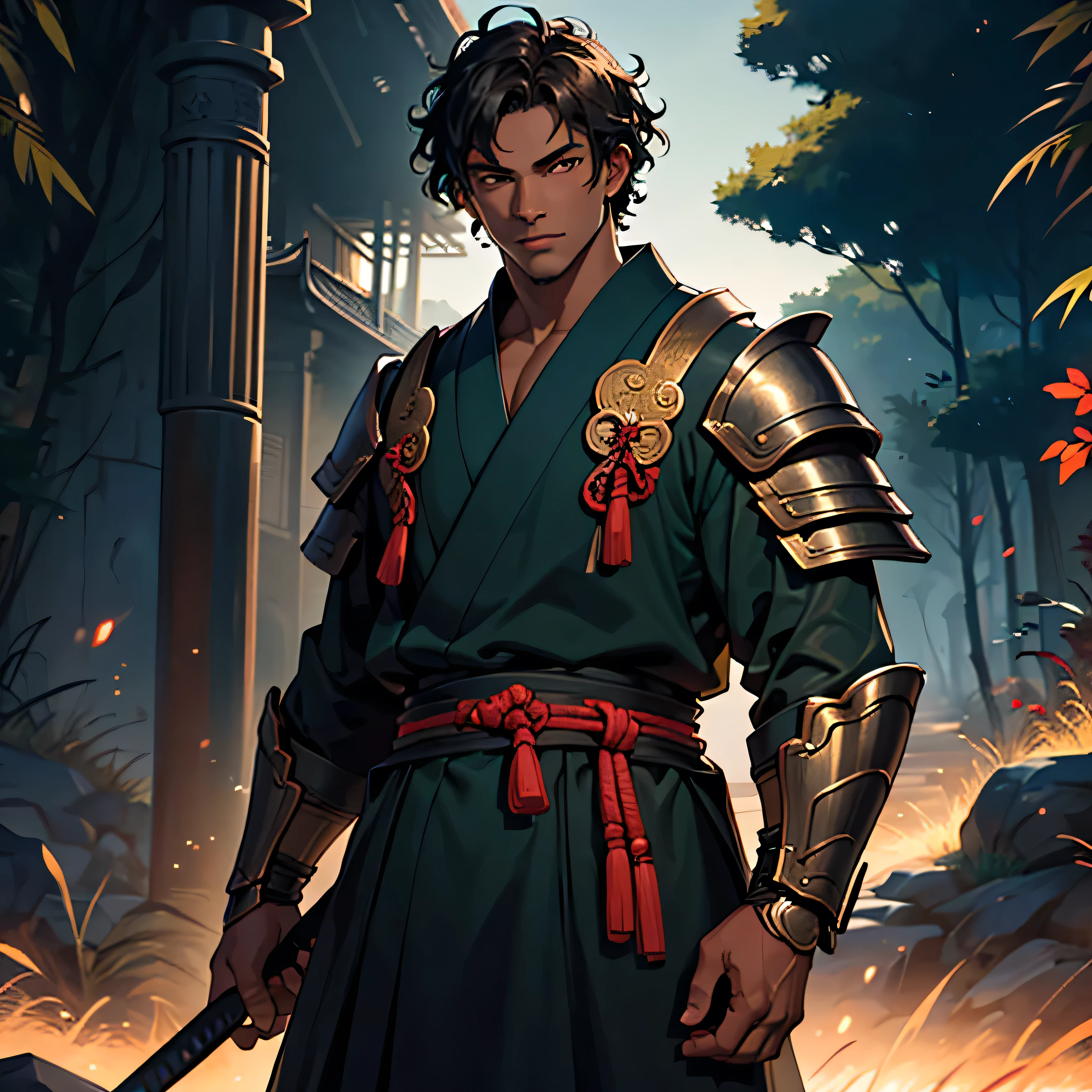 black short hair, dark skin male, Curly hair, bright brown eyes, Eye reflection, samurai armor and dark green yukata, ager, Palacio Ambience, Beautiful appearance, Anatomically accurate., Masterpiece, super detaill, High Quality, Best Quality, 8K, one man's masterpiece,Background with:In front of an ancient Roman fountain, waterdrops, tentacles