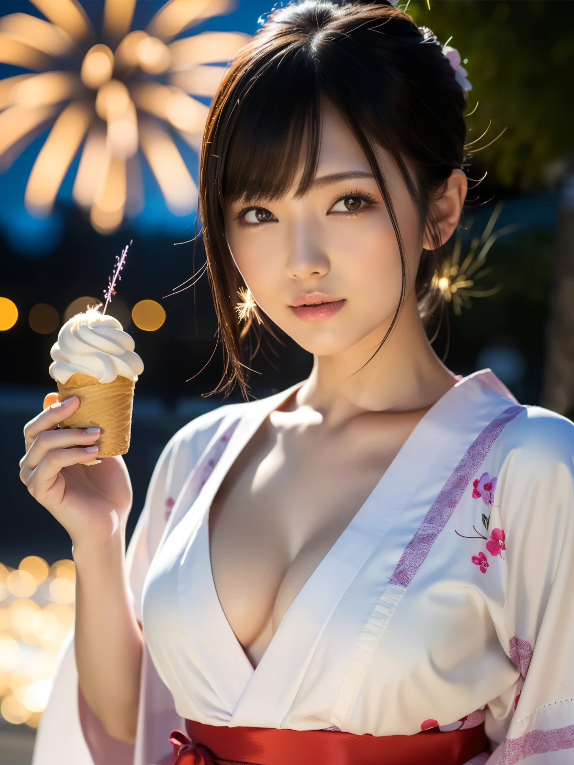 (highest quality:1.5), (Real:1.5), (1 person:1.5), Medium Shot, (Very detailed), (High resolution), 8k, medium breasts, Natural color lip, Japanese women, 24 year old girl, Thin eyebrows, Beautiful and elegant face, Cute face, Arched thin eyebrows, (Large, balanced eyes), Big Eyes, Fair skin, Beautiful and elegant face, Natural Bangs, Beautiful and thin nose,  Beautiful Skin, Medium Bob Hair, Natural Bangs, Perfect and beautiful facial features, Slim face and figure, (Bright lighting), Professional Lighting, (Lighting from the front), Outdoor, Beautiful cleavage, 1 person girl, Cute and sexy slim 24 year old woman, Fair skin, (A dreamy look), (yukata), (medium breasts), (A simple pose facing forward), (Beautiful Obi), Beautiful clavicle, (Brightly colored fireworks burst into flames at a night festival), summer, holding a soft serve ice cream in one hand,