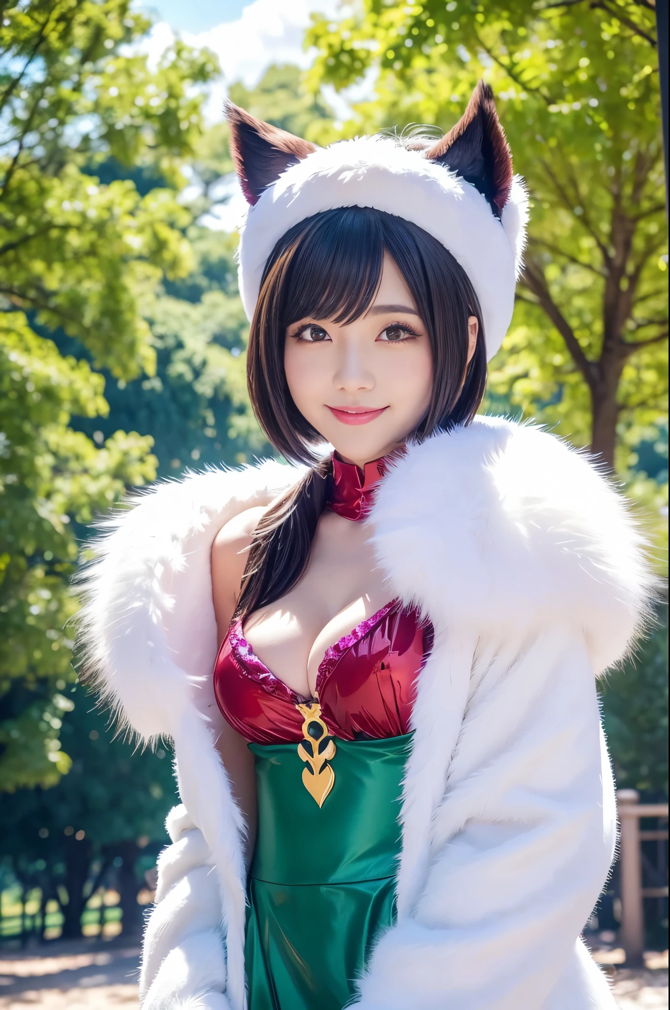 ultra sexy female, (-anime), only 1 female, very short hair, beautiful smile, lipgloss, long lashes, defined eyebrows, detailed anime cosplay, fluffy fur outfit, cosplay accessoires, headpiece, vivid colors, look at the camera, cinematic light, large park background with trees, sweet and sexy pose