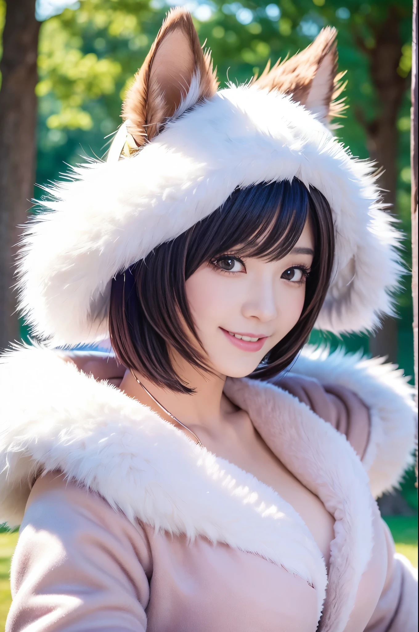 ultra sexy female, (-anime), only 1 female, very short hair, beautiful smile, lipgloss, long lashes, defined eyebrows, detailed anime cosplay, fluffy fur outfit, cosplay accessoires, headpiece, vivid colors, look at the camera, cinematic light, large park background with trees, sweet and sexy pose