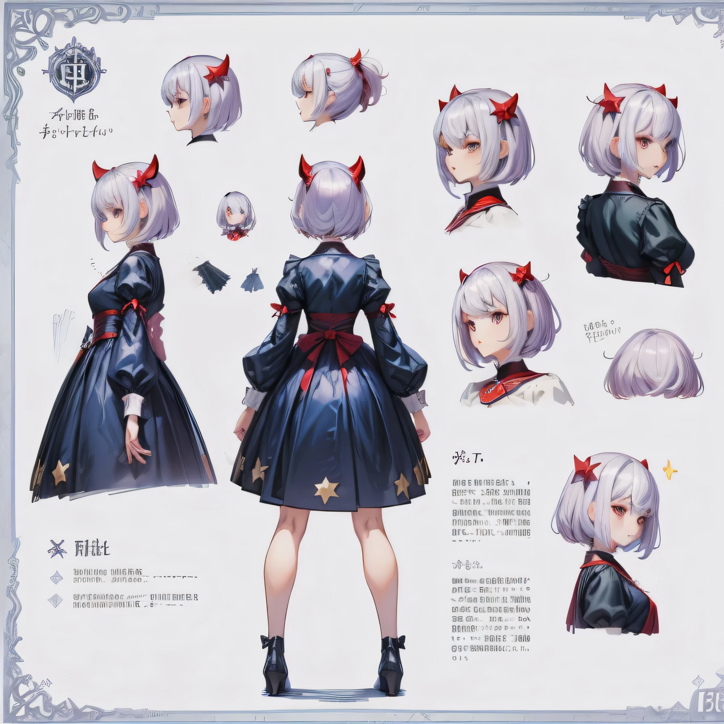 (((masterpiece))),(((best quality))),((character design sheet, character design sheet, character concept sheet, character design, character concept, character reference sheet, same character, same design, front, back, side, close up, full body, multiple expressions)), illustration, 1 girl, short hair, round eyes, long flowing sleeves, dress, drooping sleeves, white hair, reds highlights in hair, stars on the dress, anime girl, regular ears