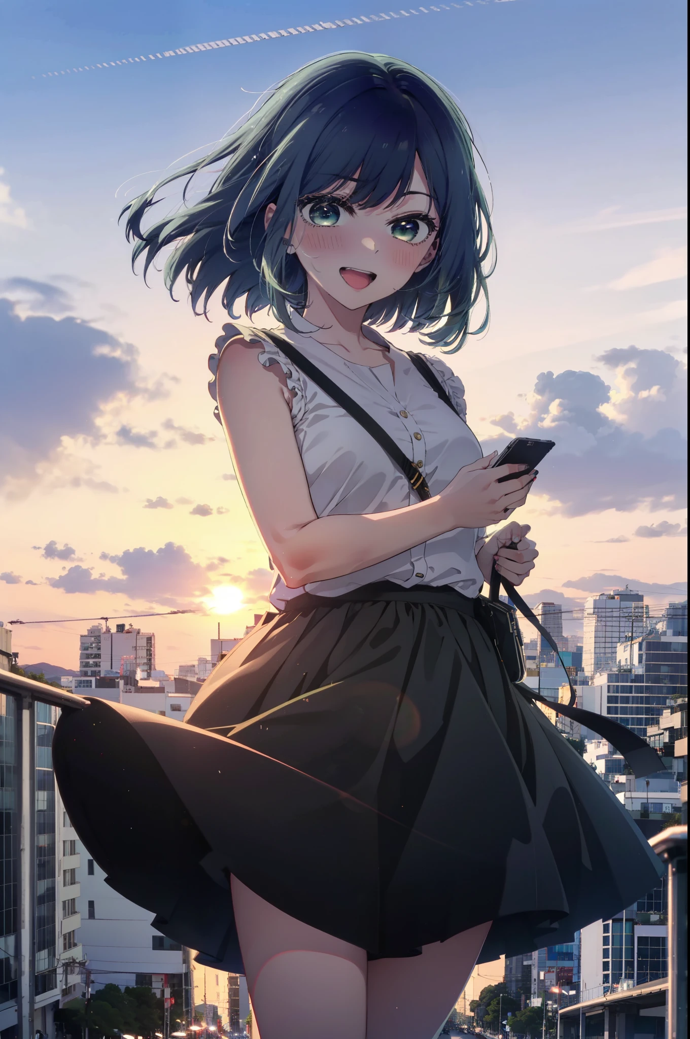 akanekurokawa, akane kurokawa, bangs, (Green Eyes:1.3), Blue Hair, Medium Hair, dark Blue Hair,smile, smile, Open your mouth,Sleeveless black dress,Bare arms,Black long skirt,Cute heeled sandals,Sunset,evening,The sun is setting,My hair is blowing in the wind,whole bodyがイラストに入るように,Looking down from above,
break outdoors, city,海岸通り
break looking at viewer, whole body,
break (masterpiece:1.2), highest quality, High resolution, unity 8k wallpaper, (shape:0.8), (Beautiful details:1.6), Highly detailed face, Perfect lighting, Extremely detailed CG, (Perfect hands, Perfect Anatomy),