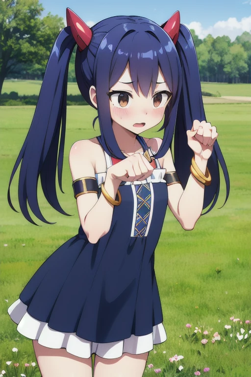 masterpiece, highest quality, High resolution, Arwendy, Long Hair, Twin tails, hair ornaments, Exposing shoulders, casual dress,Bracelet, bracelet, field, paw pose, Cowboy Shot, Embarrassed,