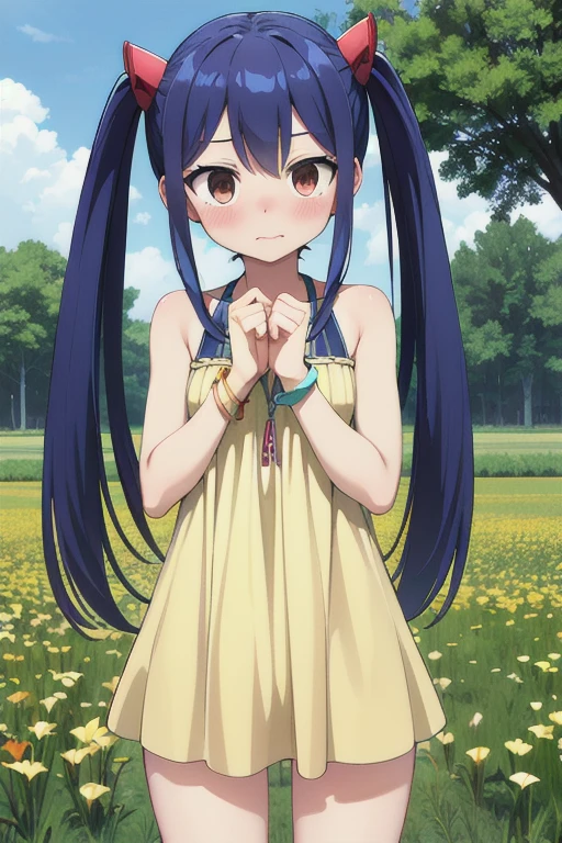 masterpiece, highest quality, High resolution, Arwendy, Long Hair, Twin tails, hair ornaments, Exposing shoulders, casual dress,Bracelet, bracelet, field, paw pose, Cowboy Shot, Embarrassed,