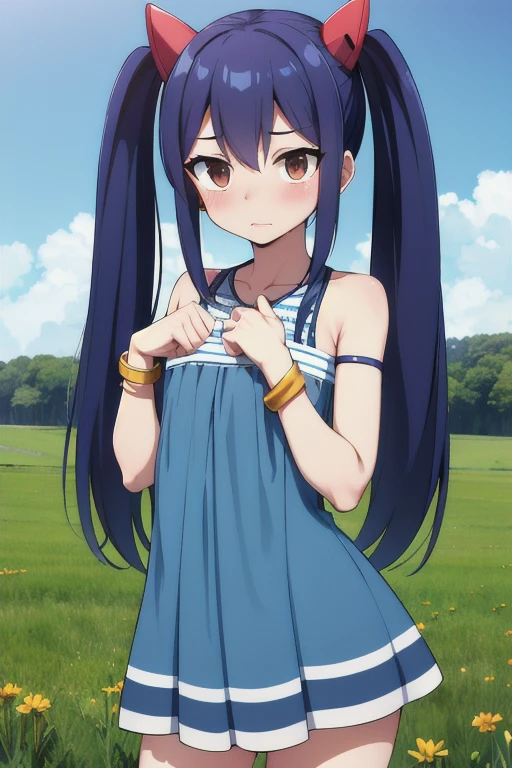 masterpiece, highest quality, High resolution, Arwendy, Long Hair, Twin tails, hair ornaments, Exposing shoulders, casual dress,Bracelet, bracelet, field, paw pose, Cowboy Shot, Embarrassed,