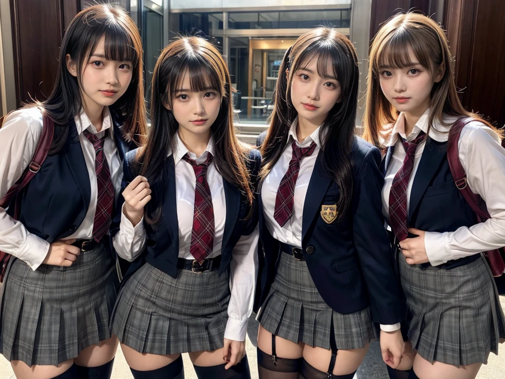 muster piece, best quality, illustration, Super detailed, fine details, High resolution, 8K,wall paper, perfect dynamic composition,(Details High quality, realistic depiction of eyes:1.3), ((2 girls, 2 schoolgirls)), The background is a luxury hotel room、High school girl uniform、blazer 、Super Short Check Uniform Skirt、Navy blue high socks、garterbelts、Colossal tits、Disturbed uniform, Play with each other,Touching each other's bodies,Touching the body of the girl next door, short bob hair, black hair color, huge breasts, Big Natural Color Lip, bold sexy pose, (perfect body shape), crying a little、cold gaze, Harajuku style、Beautiful makeup,glitter makeup,Cutest 18 years old, beautiful legs, hposing Gravure Idol, Voluptuous thighs