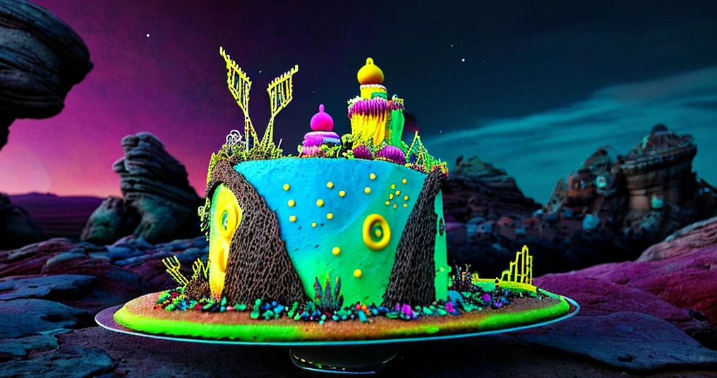 In a surreal fairy landscape, a cake is the central subject illuminated by the warm glow of the sun. The cake is colorful and has intricate details, featuring bizarre and funny elements. It is made of futuristic materials and has a cybernetic theme, combining both organic and mechanized components. The cake is surrounded by a surreal atmosphere, with a gritty and atmospheric feel. The landscape is filled with strange and surreal elements, creating a surreal and dreamlike scene. The colors of the cake are vibrant and vivid, contrasting with the moody and stylized background. The lighting is cinematic, creating a dramatic and eerie ambiance. This prompt aims to capture the imagination of the viewers and evoke a sense of wonder and curiosity.