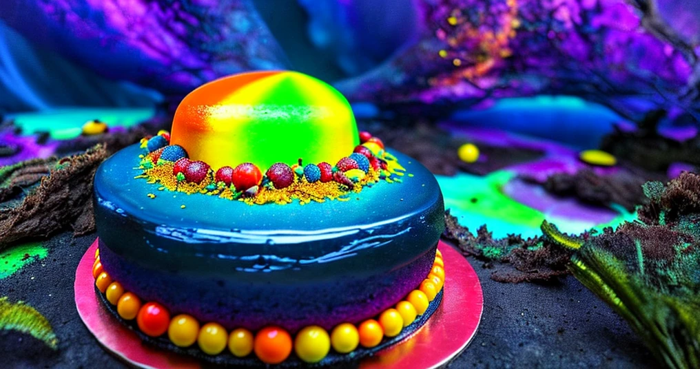 In a surreal fairy landscape, a cake is the central subject illuminated by the warm glow of the sun. The cake is colorful and has intricate details, featuring bizarre and funny elements. It is made of futuristic materials and has a cybernetic theme, combining both organic and mechanized components. The cake is surrounded by a surreal atmosphere, with a gritty and atmospheric feel. The landscape is filled with strange and surreal elements, creating a surreal and dreamlike scene. The colors of the cake are vibrant and vivid, contrasting with the moody and stylized background. The lighting is cinematic, creating a dramatic and eerie ambiance. This prompt aims to capture the imagination of the viewers and evoke a sense of wonder and curiosity.