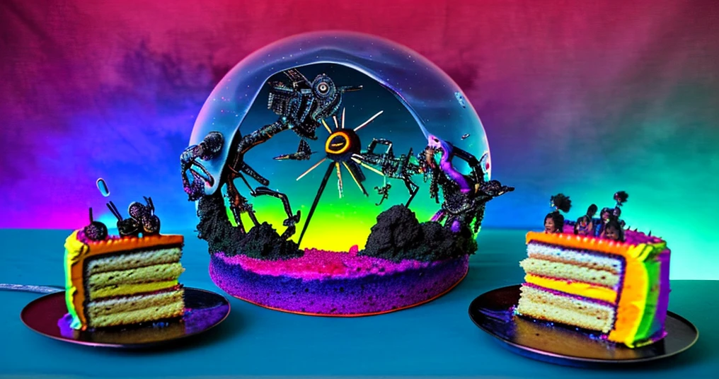 In a surreal fairy landscape, a cake is the central subject illuminated by the warm glow of the sun. The cake is colorful and has intricate details, featuring bizarre and funny elements. It is made of futuristic materials and has a cybernetic theme, combining both organic and mechanized components. The cake is surrounded by a surreal atmosphere, with a gritty and atmospheric feel. The landscape is filled with strange and surreal elements, creating a surreal and dreamlike scene. The colors of the cake are vibrant and vivid, contrasting with the moody and stylized background. The lighting is cinematic, creating a dramatic and eerie ambiance. This prompt aims to capture the imagination of the viewers and evoke a sense of wonder and curiosity.