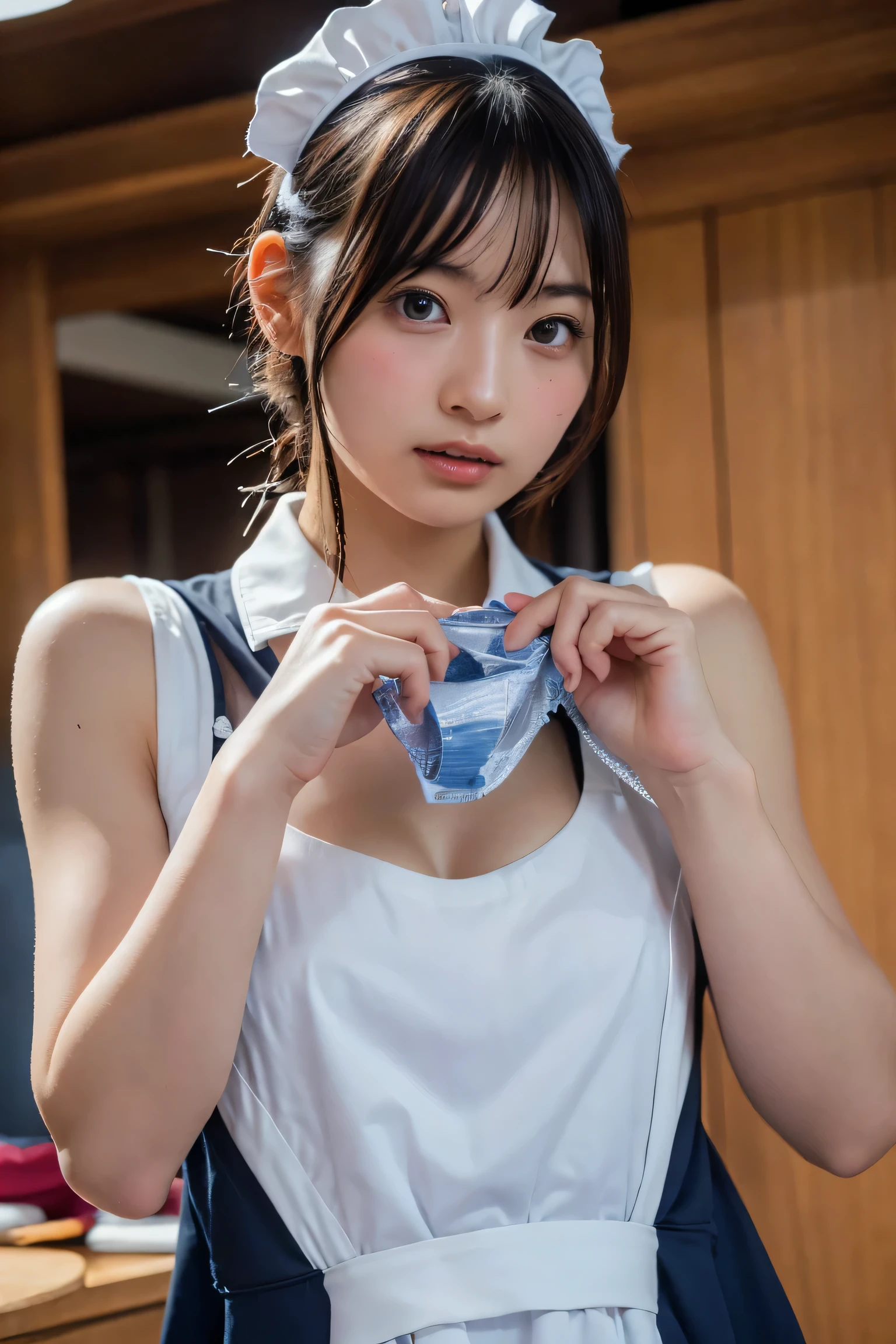 (8k, RAW Photos,highest quality, High resolution:1.1), (Ultra-realistic:1.4),(Realistic, Realistic:1.3),The Beauty of Japan、Rhythmic gymnastics club、Rhythmic Gymnastics Uniform、((Upper Body:1.3)),holding panties ,Maid Cafe、((Maid:1.3))