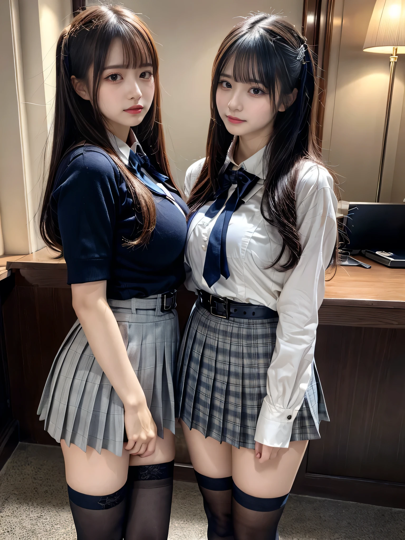 (8K, Raw photography, top-quality, ​masterpiece:1.2), muster piece, best quality, illustration, Super detailed, fine details, High resolution, 8K,wall paper, perfect dynamic composition,(Details High quality, realistic depiction of eyes:1.3), ((2 girls, 2 schoolgirls)), The background is a luxury hotel room、High school girl uniform、blazer 、Super Short Check Uniform Skirt、Navy blue high socks、garterbelts、Colossal tits、Disturbed uniform, Play with each other,Touching each other's bodies,Touching the body of the girl next door, short bob hair, black hair color, huge breasts, Big Natural Color Lip, bold sexy pose, (perfect body shape), crying a little、cold gaze, Harajuku style、Beautiful makeup,glitter makeup,Cutest 18 years old、 beautiful legs, hposing Gravure Idol, Voluptuous thighs
