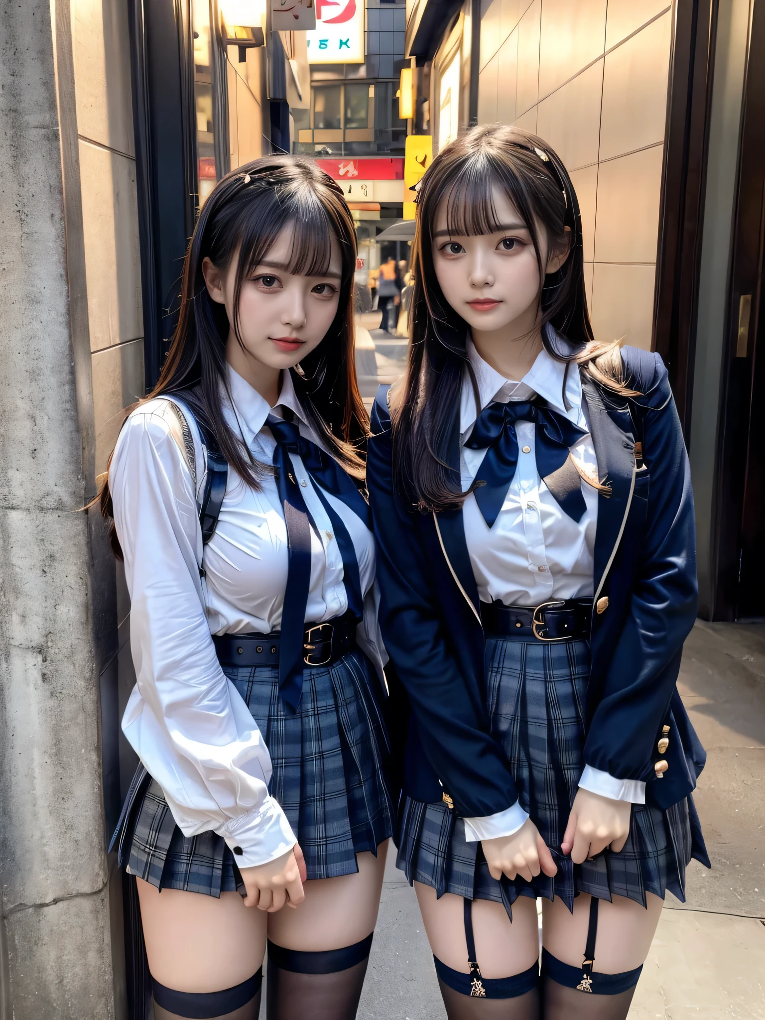 (8K, Raw photography, top-quality, ​masterpiece:1.2), muster piece, best quality, illustration, Super detailed, fine details, High resolution, 8K,wall paper, perfect dynamic composition,(Details High quality, realistic depiction of eyes:1.3), ((2 girls, 2 schoolgirls)), The background is a luxury hotel room、High school girl uniform、blazer 、Super Short Check Uniform Skirt、Navy blue high socks、garterbelts、Colossal tits、Disturbed uniform, Play with each other,Touching each other's bodies,Touching the body of the girl next door, short bob hair, black hair color, huge breasts, Big Natural Color Lip, bold sexy pose, (perfect body shape), crying a little、cold gaze, Harajuku style、Beautiful makeup,glitter makeup,Cutest 18 years old、 beautiful legs, hposing Gravure Idol, Voluptuous thighs