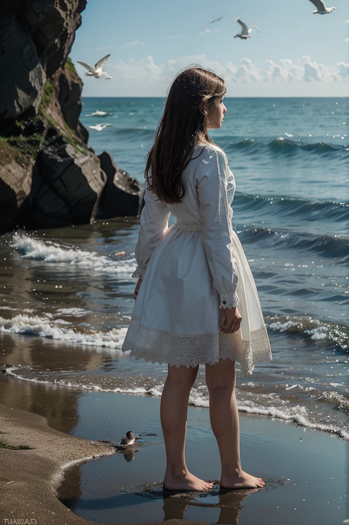 Illustration for a fairy tale where a girl stands on the shore and calls the seagulls