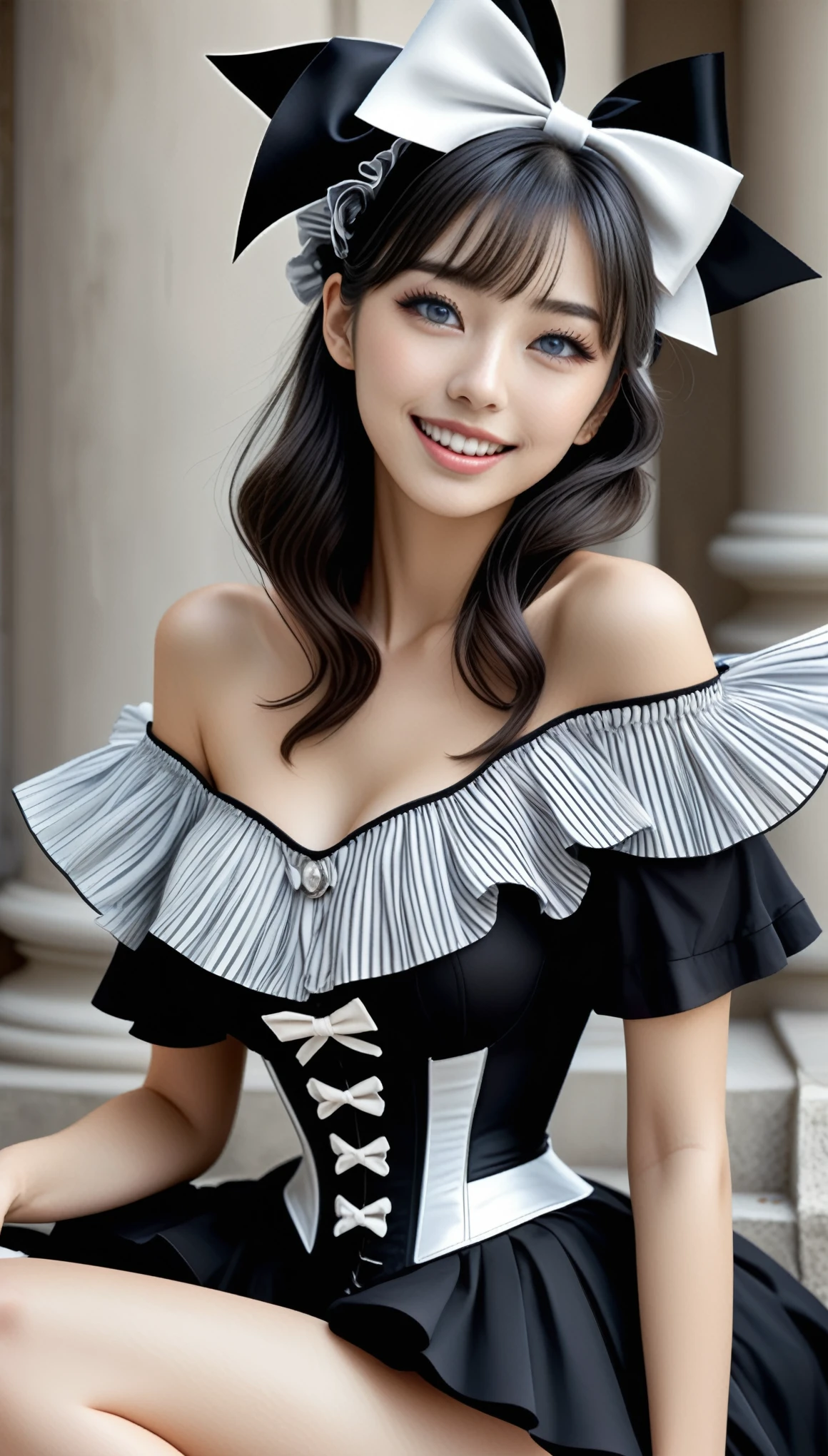 (masterpiece, Best Quality, hyper Detailed, hyper Realistic luna girl:1.3), BREAK beautiful Pretty Japanese ig model, glamorous body, Happy, render of april, (all body shot, active pose:1.2), BREAK (Detailed wear, all body wear:1.2), Monochrome Pierrot Costume,
Opt for a fitted corset bodice with black and white diamond patterns, accentuating the waist, Layer with a ruffled, off-the-shoulder blouse in contrasting black and white hues, adorned with oversized bows for a whimsical touch,
BREAK
Pair with high-waisted black pants, featuring exaggerated ruffles or pleats for added volume and drama,
Accessorize with black and white striped stockings or tights, and patent leather ankle boots with oversized buckles for a modern twist on classic clown footwear, arranged gray hair, BREAK (Detailed medium breasts, Detailed bodyline, Detailed legs and calves), (very slim waist, firm large breasts, large buttocks, beautiful sexy legs:1.3), White and beautiful Silky skin, thin and short neck, (small head, small face), BREAK small head, Detailed face, cute and Pretty (slim oval shape face:1.3), wide Duck mouth, half open mouth, perfectly aligned teet, perfect beautiful Tooth, blue eyes, half open eyes, shiny Droopy eyes, gray hair, looking other, (in a concrete, fog, mist, steem),