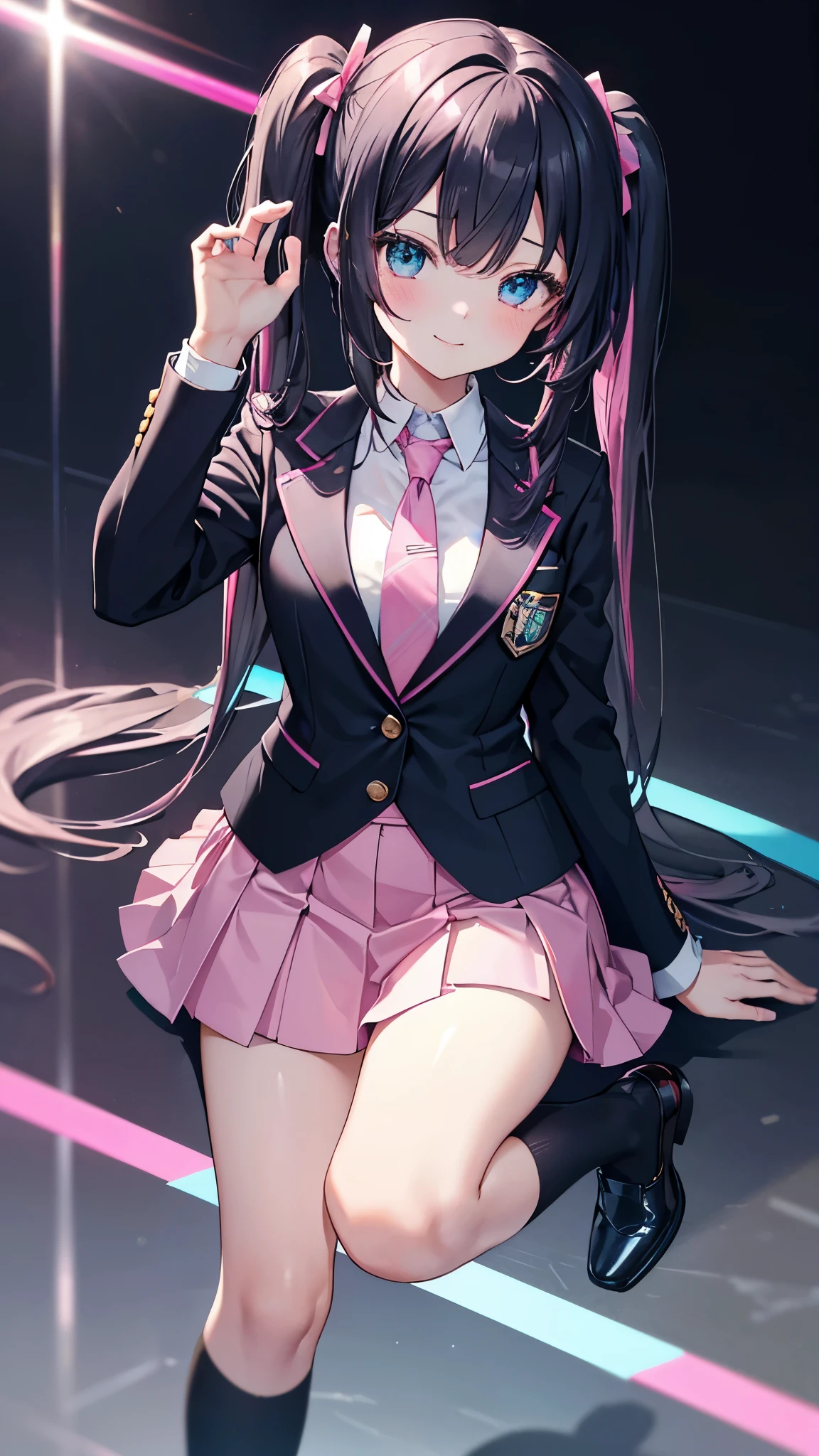 （Hoan Lap，High resolution，Hyper Detail，Hmph），masterpiece，highest quality，One girl ，good looking，Long pink pigtails，Detailed face，Esbian all over、Black-haired、expensive 、Pink Blazer、Dark blue mini skirt、Pink tie、School、Full Body S Screw、Selfie，Light Smile，（Turquoise eyes）