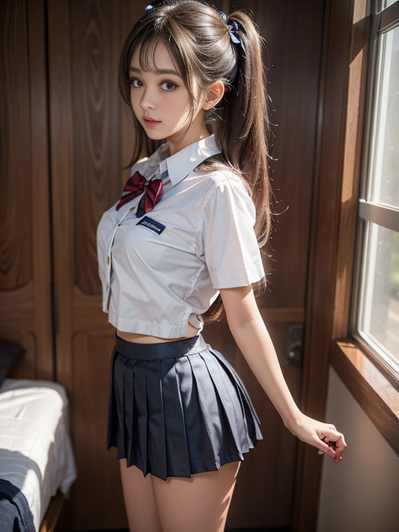 (High , Pleated mini-skirt:1.3), ((high-school uniform)),bow ribbon、 17 age, 2girls, Twintail hairstyles,pretty eyes、4k,8k,