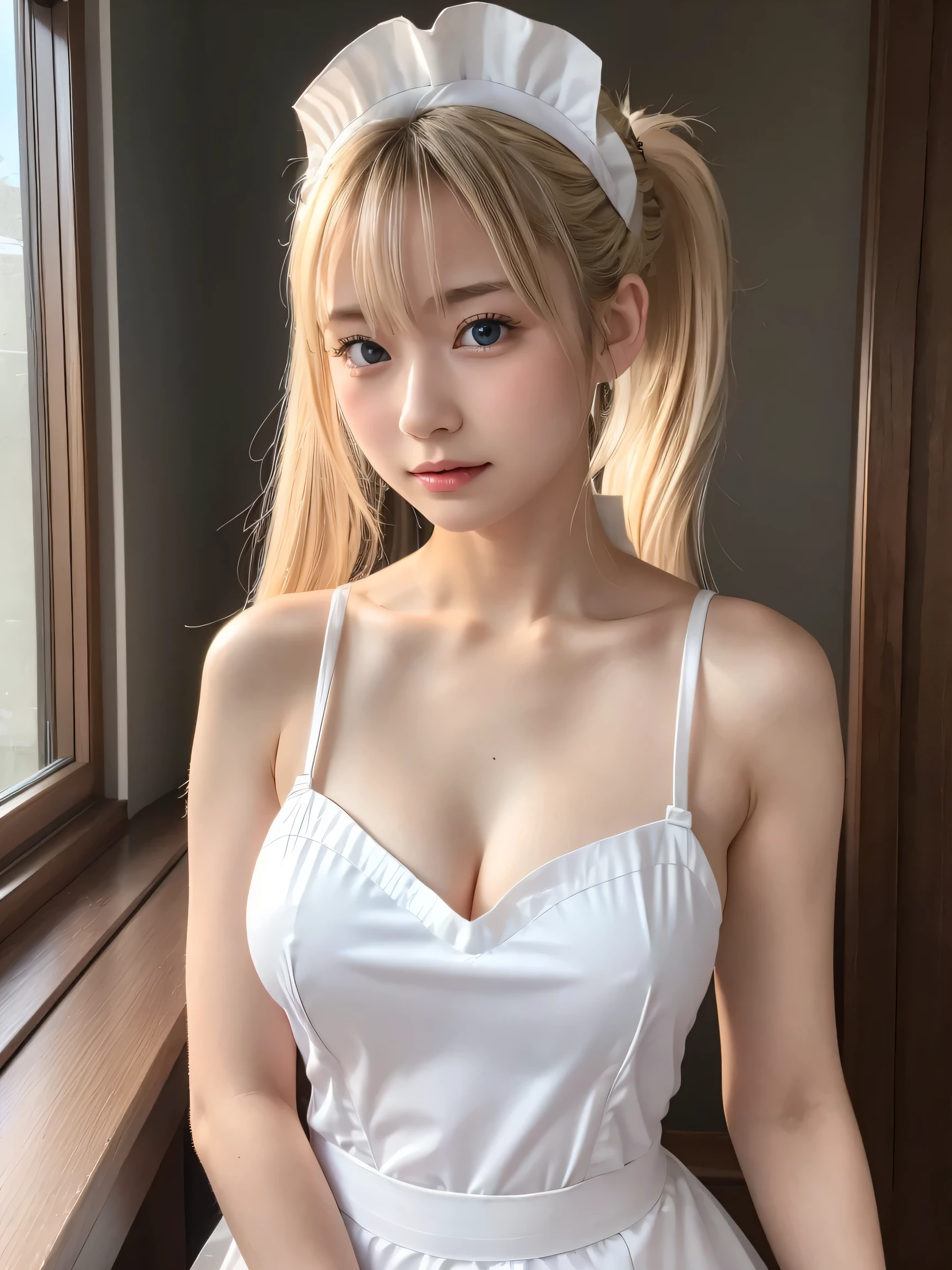 ((Maid:1.3)),Portraiture、、brightexpression、ponytail、young, bright, Whiter skin、Best Looks、Blonde reflection、Platinum blonde hair with dazzling highlights、Shining bright hair,、Super long, Silky straight hair、beautiful shiny bangs、Sparkling, clear, Attractive big blue eyes、so beautiful, A cute and adorable 、Ample breasts