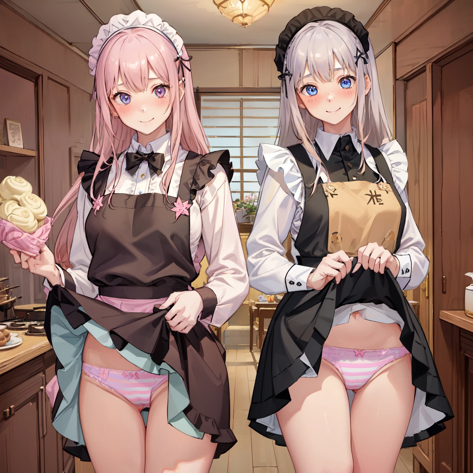 highest quality、masterpiece、((2 girls:1.5))、((smile:1.3))、(blush:1.3)、Black Shirt、blouse、((fun!!))、(Small breasts)、()、Blonde、(Long sleeve)、((White apron:1.5))、((Maid))、((hair ornaments)),、Kamimei、look at me、 ((in house:1.5))、 Taking a break from watching the audience、Cowboy Shot、(Skirt lift:1.3),(Highly detailed pink striped panties:1.3)、(Highly detailed panties:1.3)、、(スカート that rolls up:1.3)、(Panties fully exposed:1.5)、Light blue eyes、long hair、Glowing Eyes