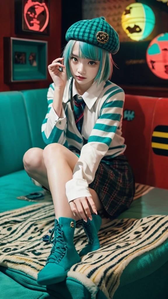 highest quality, masterpiece, One Girl, solo, Red gradient striped hair, short hair, Gray Hair, Lily(Waka), Black Beret, Checked skirt, choker, Cyan Sweater Jacket, Collared shirt, black plaid tie, Sleeves are longer than your fingers, Blunt bangs(((dramatic)))、(((Grainy)))、(((intense))))He appears as a central character in the movie poster.。The girl in the center of the poster is shy.、アイドルCostumeを着て、He has a determined look on his face.。backgroundは暗くて荒い、I feel drunk。テキストはBoldで目を引く、Catchy slogans add to the overall drama and excitement。The color palette is dominated by dark colors..、Light colored dots々、Create dynamic and visually impactful posters、Tachi- e(magazine:1.3)、(coverスタイル:1.3)、solo, Red gradient striped hair, short hair, Gray Hair, Lily(Waka), Black Beret, Checked skirt, choker, Cyan Sweater Jacket, Collared shirt, black plaid tie, Sleeves are longer than your fingers, Blunt bangs、Fashionable、Vibrant、Costume、Pause、front、colorful、dynamic、background、element、Confident、Expressive、fail、statement、Attachmentajestic、Coiled、Surroundings、touch、scene、article、cover、Bold、to attract attention、title、Low Fashion、font、Catchy、title、big、to attract attention、Modern、 trend、concentrate、stylish、One Girl,Tight Skirt