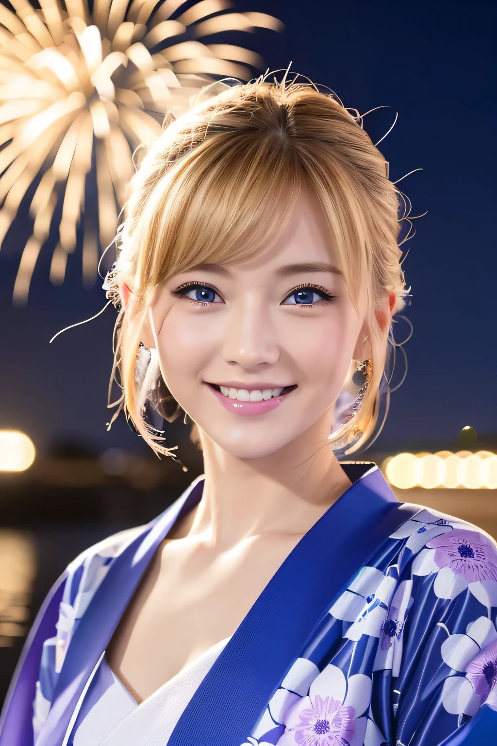 highest quality, Ultra-high resolution, (Realistic:1.4), Japanese blue and purple yukata、Japanese、Gal、Blonde、blue eyes、cute、smile、Fireworks in the background