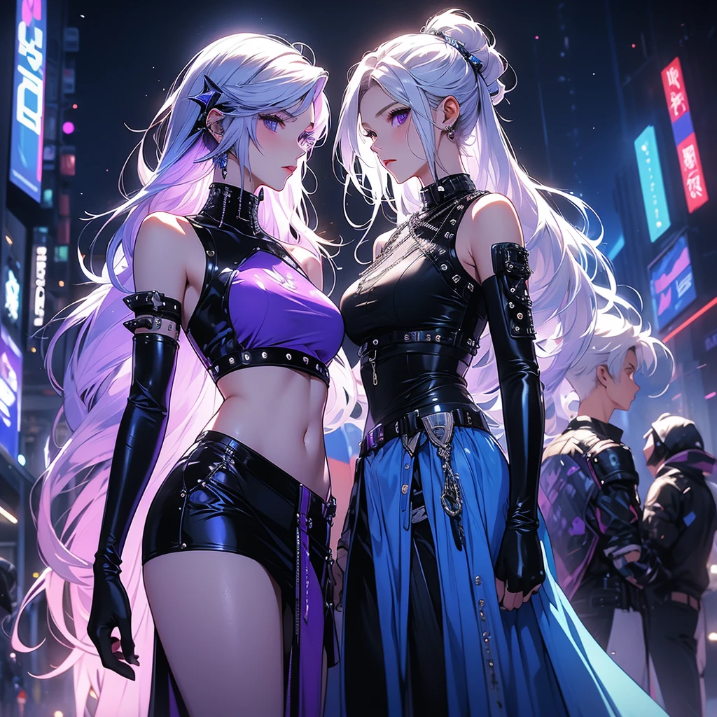 Disorganized、Men and women１pair of couples、c0upl3、yinji、Women have purple eyes　She has milky white hair with purple inner color, very long twin braids, elbow gloves, very bare shoulders, and wears a cyberpunk outfit with a black skirt.、Side cut-outs、Covered navel、Side cut-outen、White hair with blue inner color and short hair、White and blue cyberpunk、下から赤い🔥につつまれているようなオーラ、Studded with purple sapphires、They are riding a futuristic flying motorbike, with the woman&#39;s arms around the man&#39;s waist from behind.、A large purple moon in the background、