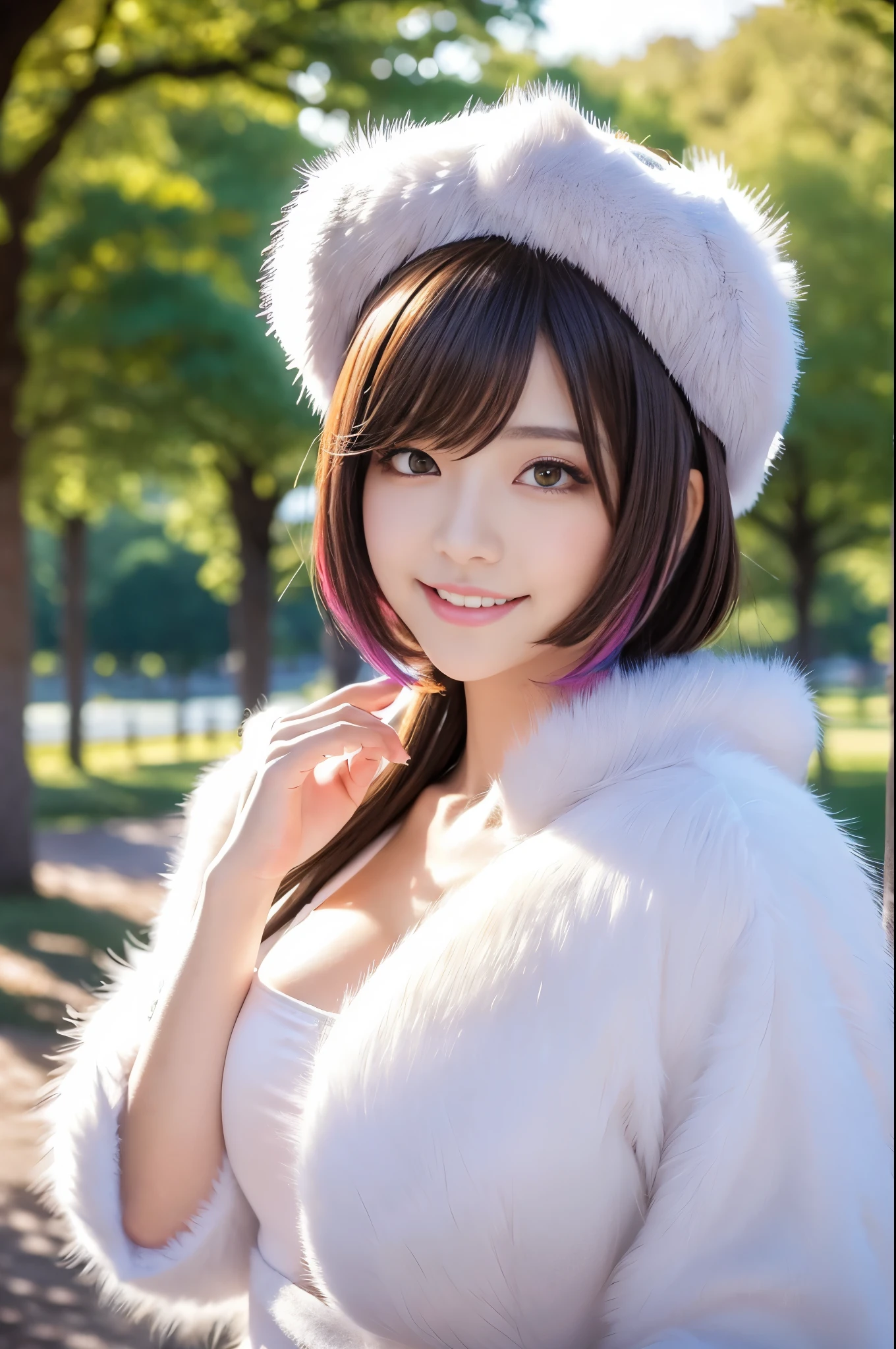 ultra sexy female, (-anime), only 1 female, very short hair, beautiful smile, lipgloss, long lashes, defined eyebrows, detailed anime cosplay, fluffy fur outfit, cosplay accessoires, headpiece, vivid colors, look at the camera, cinematic light, large park background with trees, sweet and sexy pose