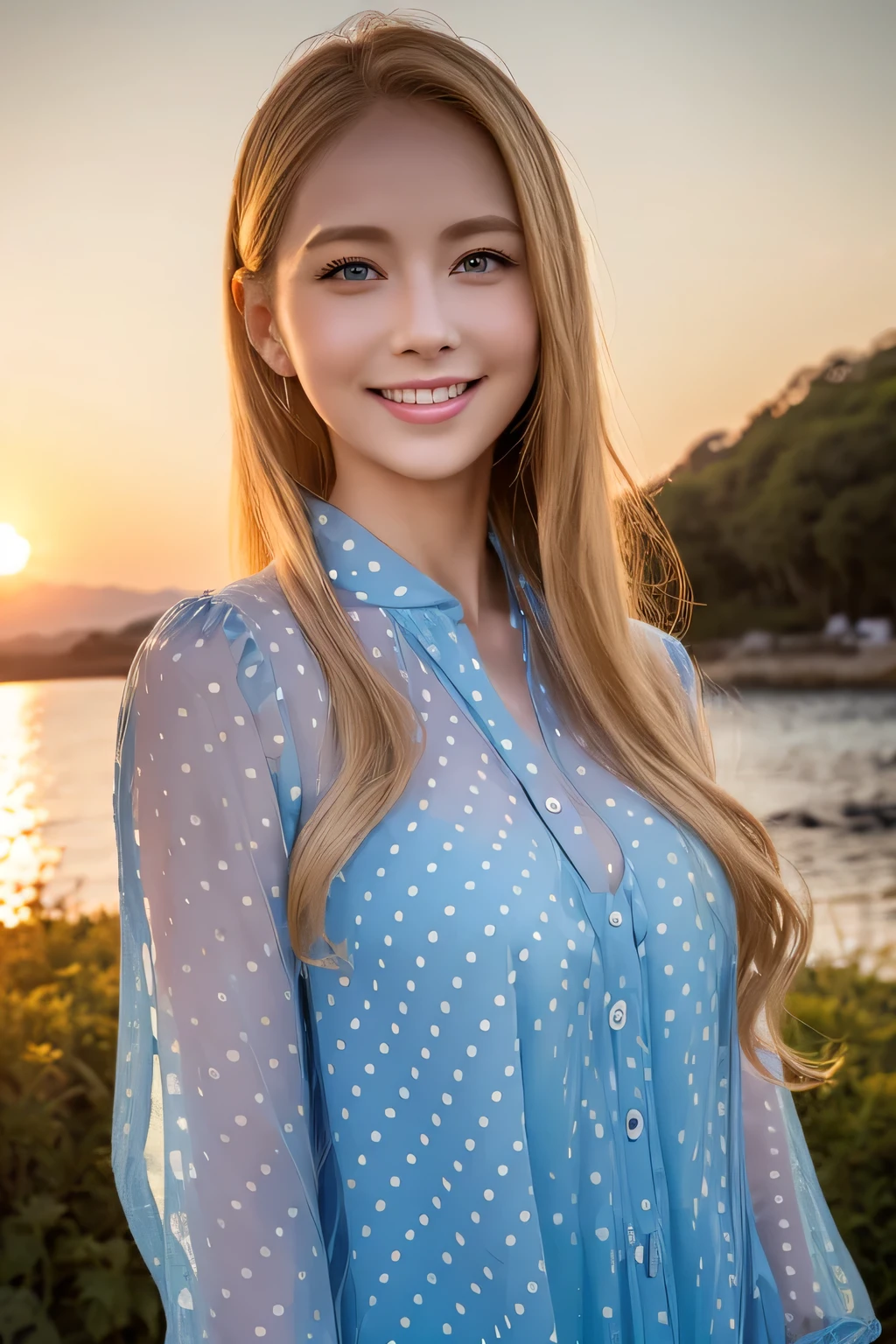 highest quality, Ultra-high resolution, (Realistic:1.4), Transparent light blue polka dot blouse、Japanese、Gal、Blonde、blue eyes、cute、smile、Sunset in the background