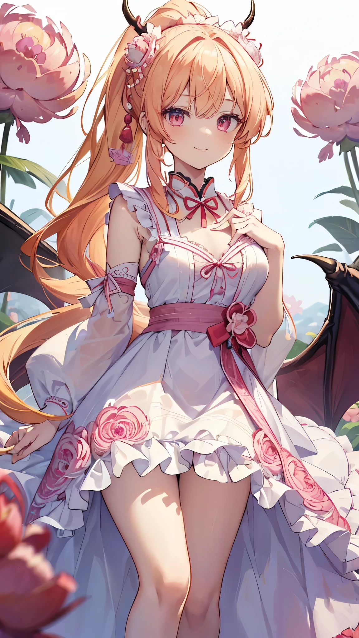 character//1 girl,((Bright golden hair:1.2)),((A long, loose ponytail:1.2)),((The ponytail is fluffy and voluminous.)),((A gorgeous hairpin to tie your hair:1.3)),((1 with horns growing from the forehead.6)),((Devil Cosplay Girl:1.4)),break//((A fluttery dress with a wide open chest:1.4)),((The hem of the dress is tiered々The frills create a gorgeous atmosphere..)),((The dress has a Japanese pattern with peony flowers..:1.5)),((The hem of the dress is long enough to cover your legs.:1.3)),((One-piece color、white, red, pink, yellow, and light blue)),break//,((No background:1.2)),((Face close-up:1.2)),((A proud smile:1.2))