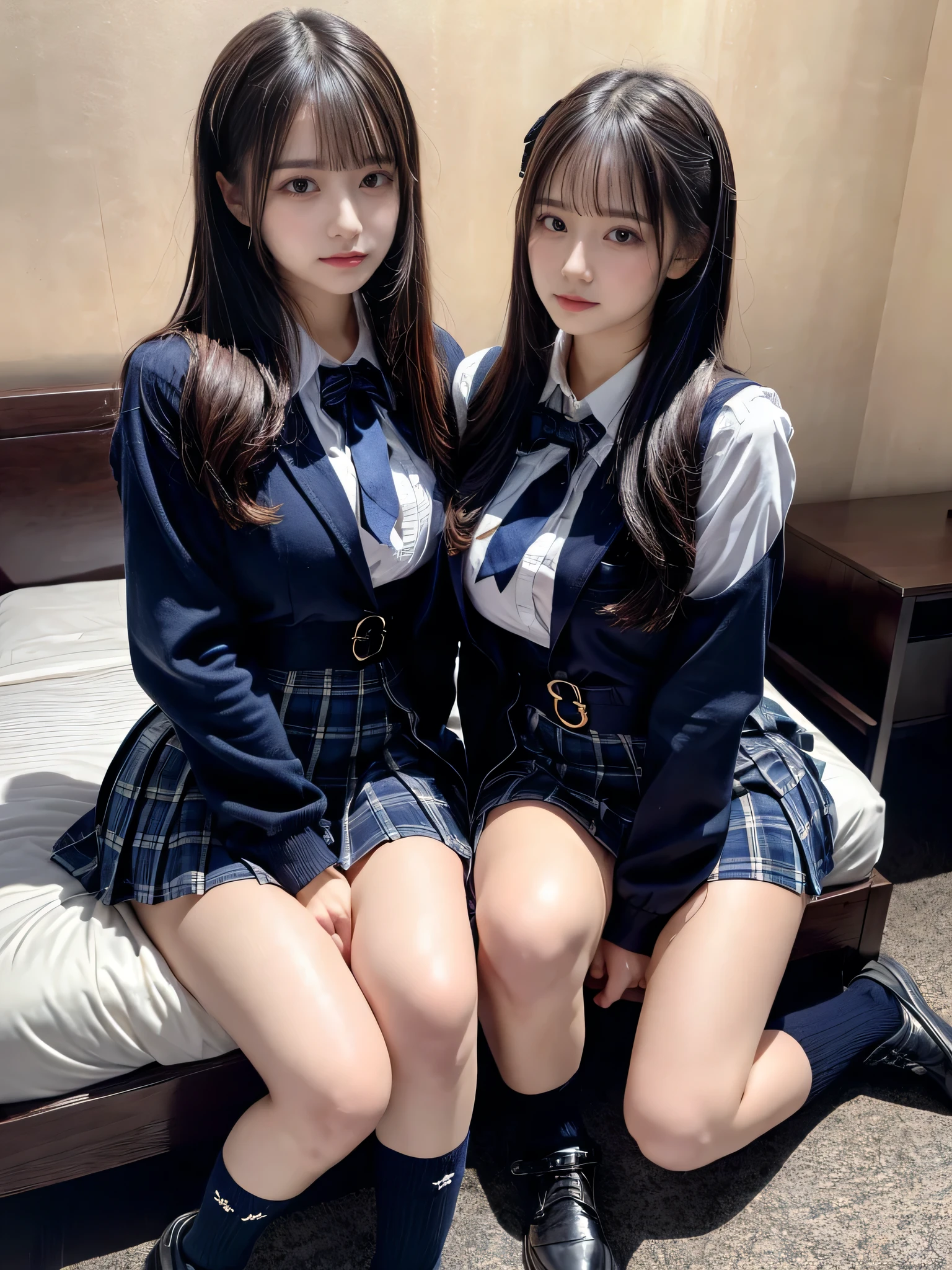 (8K, Raw photography, top-quality, ​masterpiece:1.2), muster piece, best quality, illustration, Super detailed, fine details, High resolution, 8K,wall paper, perfect dynamic composition,(Details High quality, realistic depiction of eyes:1.3), ((2 girls, 2 girls)), The background is a luxury hotel room、High school girl uniform、blazer 、Super Short Check Uniform Skirt、Navy blue high socks、garterbelts、Colossal tits、Disturbed uniform, Play with each other,Touching each other's bodies,Touching the body of the girl next door, short bob hair, black hair color, huge breasts, Big Natural Color Lip, bold sexy pose, (perfect body shape), crying a little、cold gaze, Harajuku style、Beautiful makeup,glitter makeup,Cutest 18 years old、 beautiful legs, hposing Gravure Idol, Voluptuous thighs