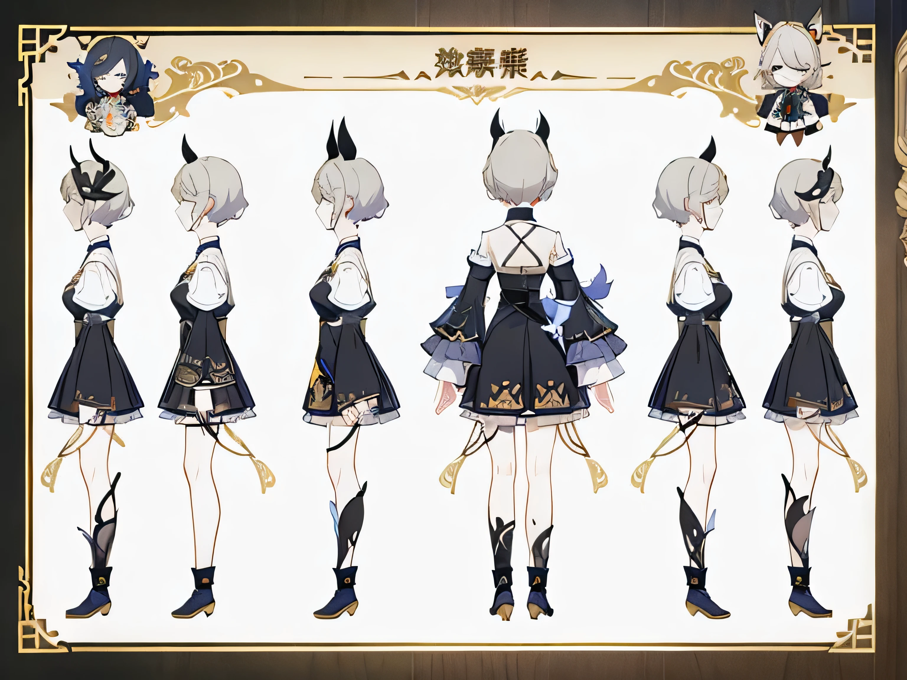 (((masterpiece))),(((best quality))),((character design sheet, character design sheet, character concept sheet, character design, character concept, character reference sheet, same character, same design, front, back, side, close up, full body, multiple expressions)), illustration, 1 girl, short hair, round eyes, long flowing sleeves, dress, drooping sleeves, white hair, reds highlights in hair, stars on the dress, anime girl, regular ears,Honkai star rail