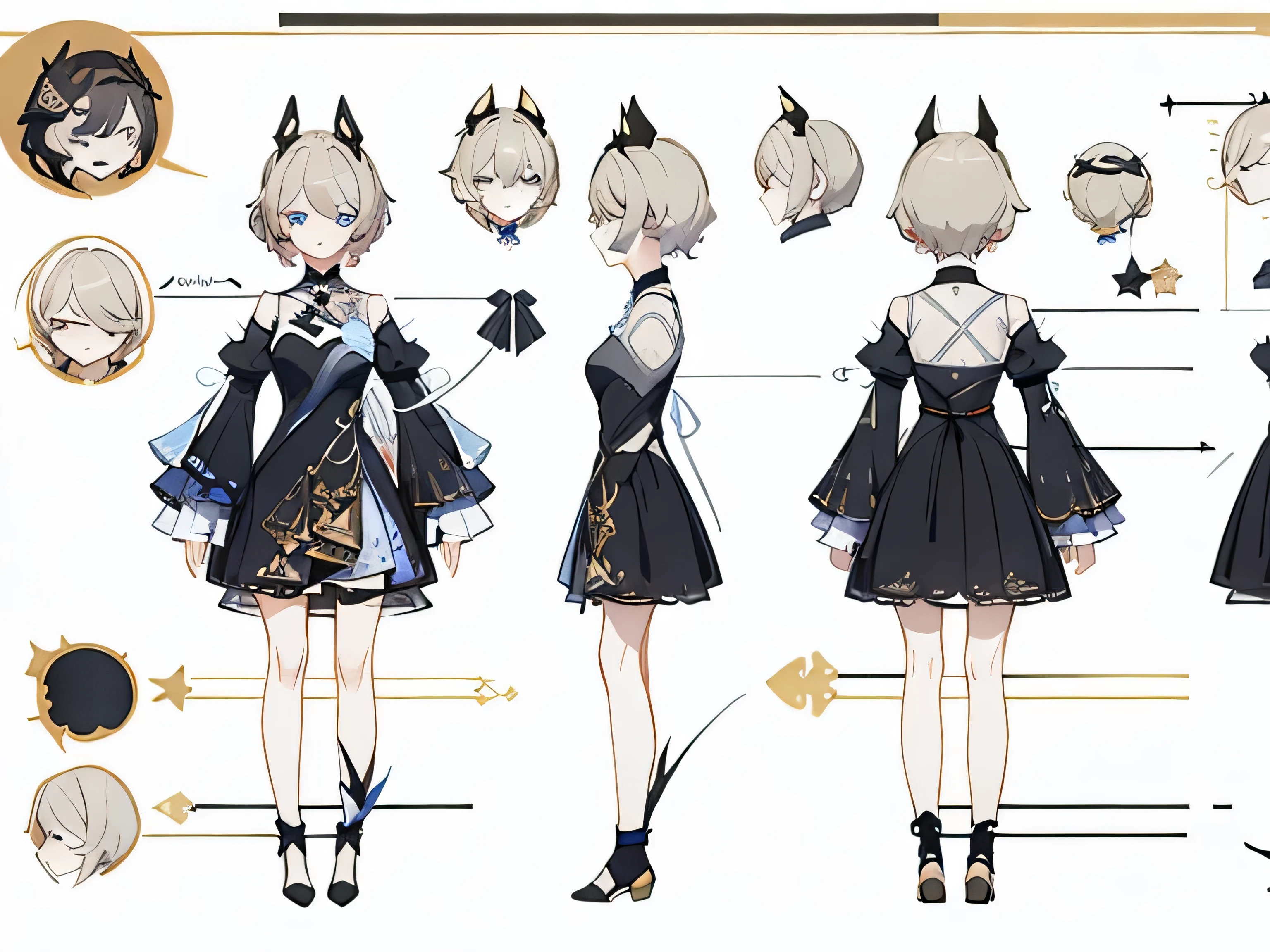 (((masterpiece))),(((best quality))),((character design sheet, character design sheet, character concept sheet, character design, character concept, character reference sheet, same character, same design, front, back, side, close up, full body, multiple expressions)), illustration, 1 girl, short hair, round eyes, long flowing sleeves, dress, drooping sleeves, white hair, reds highlights in hair, stars on the dress, anime girl, regular ears,Honkai star rail