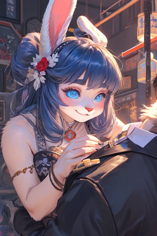An anthropomorphized female rabbit smiles inappropriately as she rubs her hairy, seductive body against a man.、Her eyes are a captivating deep blue。This female rabbit looks like she has a very strong sex drive.。
