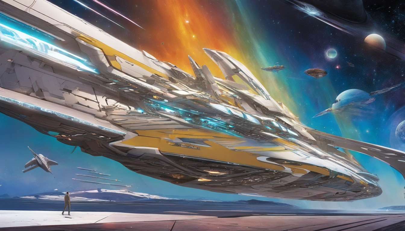 A highly detailed, photorealist, hyperrealist, hyperdetailed, masterpiece, seamlessly blending the artistic style of J. Michael Straczynski.The primary colors of the immense starship are neon gold, forest green and ruby red accents, creating a striking contrast against the vastness of space. Cream-colored crystalline nacelles, elegantly angled at 75 degrees, emit a mesmerizing neon yellow light, adding to the ship's futuristic allure. The design of the starship draws inspiration from the visionary styles of J. Michael Straczynski and the intricate mechanical sketches of Leonardo Da Vinci. Its silhouette echoes the iconic Agamemnon from Babylon 5, featuring distinctive elements such as a rounded 1974 Winnebago-inspired cylindrical bridge. This bridge commands attention with its impressive dimensions: 108 feet in length, 72 feet in width, and towering 36 feet high above from the 48 ft cobalt platinum industrial supports, that come up from the base of the ship. Moving along the starship, the cylindrical middle section extends 36 feet in height, 288 feet in length, and spans 144 feet in width, showcasing intricate details and geometric patterns that reflect both artistic mastery and advanced technology. The mid section is only 24 ft, up from the base, with industrial wired platinum chrome cobalt steel supports. The streamlined main, reminiscent of a Freightliner in its sleek design, stretches a staggering 576 feet in length, 48 ft high , & 820 ft wide emphasizing the ship's immense scale and capability. Against the backdrop of deep space, speckled with distant stars and nebulae, the starship exudes a sense of grandeur and exploration. The play of light and shadow across its surfaces enhances the realism of the painting, highlighting every curve, panel, and intricate detail of its construction. This futuristic masterpiece invites viewers to imagine the possibilities of space exploration & tech.