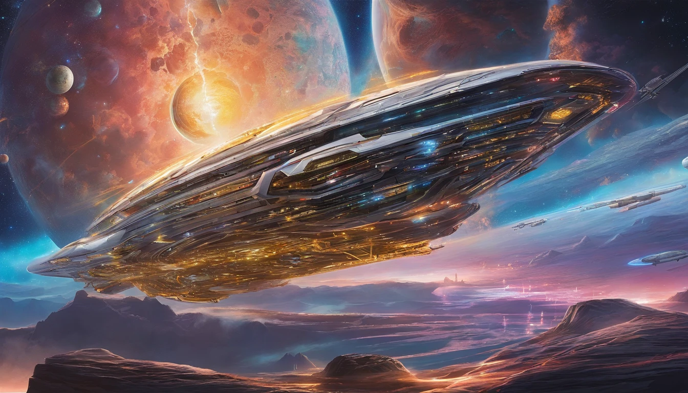 A highly detailed, photorealist, hyperrealist, hyperdetailed, masterpiece, seamlessly blending the artistic style of J. Michael Straczynski.The primary colors of the immense starship are neon gold, forest green and ruby red accents, creating a striking contrast against the vastness of space. Cream-colored crystalline nacelles, elegantly angled at 75 degrees, emit a mesmerizing neon yellow light, adding to the ship's futuristic allure. The design of the starship draws inspiration from the visionary styles of J. Michael Straczynski and the intricate mechanical sketches of Leonardo Da Vinci. Its silhouette echoes the iconic Agamemnon from Babylon 5, featuring distinctive elements such as a rounded 1974 Winnebago-inspired cylindrical bridge. This bridge commands attention with its impressive dimensions: 108 feet in length, 72 feet in width, and towering 36 feet high above from the 48 ft cobalt platinum industrial supports, that come up from the base of the ship. Moving along the starship, the cylindrical middle section extends 36 feet in height, 288 feet in length, and spans 144 feet in width, showcasing intricate details and geometric patterns that reflect both artistic mastery and advanced technology. The mid section is only 24 ft, up from the base, with industrial wired platinum chrome cobalt steel supports. The streamlined main, reminiscent of a Freightliner in its sleek design, stretches a staggering 576 feet in length, 48 ft high , & 820 ft wide emphasizing the ship's immense scale and capability. Against the backdrop of deep space, speckled with distant stars and nebulae, the starship exudes a sense of grandeur and exploration. The play of light and shadow across its surfaces enhances the realism of the painting, highlighting every curve, panel, and intricate detail of its construction. This futuristic masterpiece invites viewers to imagine the possibilities of space exploration & tech.