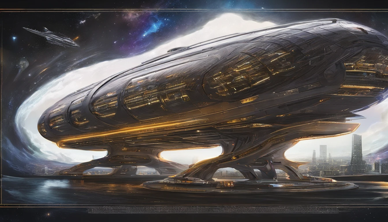 A highly detailed, photorealist, hyperrealist, hyperdetailed, masterpiece, seamlessly blending the artistic style of J. Michael Straczynski.The primary colors of the immense starship are neon gold, forest green and ruby red accents, creating a striking contrast against the vastness of space. Cream-colored crystalline nacelles, elegantly angled at 75 degrees, emit a mesmerizing neon yellow light, adding to the ship's futuristic allure. The design of the starship draws inspiration from the visionary styles of J. Michael Straczynski and the intricate mechanical sketches of Leonardo Da Vinci. Its silhouette echoes the iconic Agamemnon from Babylon 5, featuring distinctive elements such as a rounded 1974 Winnebago-inspired cylindrical bridge. This bridge commands attention with its impressive dimensions: 108 feet in length, 72 feet in width, and towering 36 feet high above from the 48 ft cobalt platinum industrial supports, that come up from the base of the ship. Moving along the starship, the cylindrical middle section extends 36 feet in height, 288 feet in length, and spans 144 feet in width, showcasing intricate details and geometric patterns that reflect both artistic mastery and advanced technology. The mid section is only 24 ft, up from the base, with industrial wired platinum chrome cobalt steel supports. The streamlined main, reminiscent of a Freightliner in its sleek design, stretches a staggering 576 feet in length, 48 ft high , & 820 ft wide emphasizing the ship's immense scale and capability. Against the backdrop of deep space, speckled with distant stars and nebulae, the starship exudes a sense of grandeur and exploration. The play of light and shadow across its surfaces enhances the realism of the painting, highlighting every curve, panel, and intricate detail of its construction. This futuristic masterpiece invites viewers to imagine the possibilities of space exploration & tech.