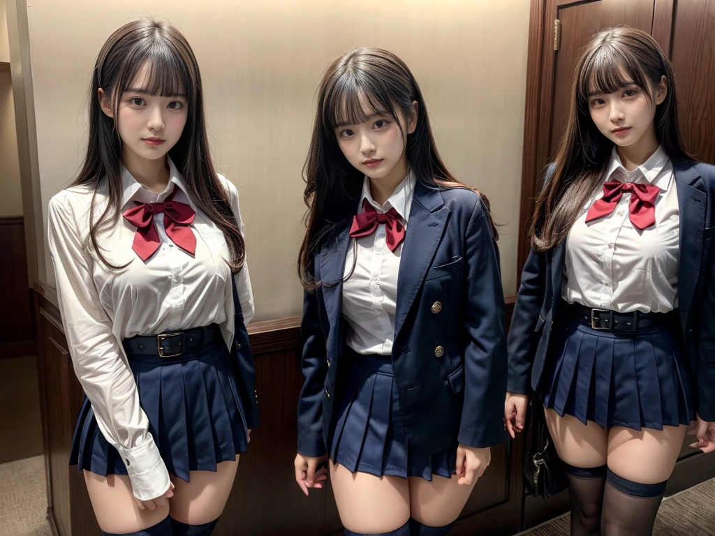 muster piece, best quality, illustration, Super detailed, fine details, High resolution, 8K,wall paper, perfect dynamic composition,(Details High quality, realistic depiction of eyes:1.3), ((2 girls, 2 schoolgirls)), The background is a luxury hotel room、High school girl uniform、blazer 、Super Short Check Uniform Skirt、Navy blue high socks、garterbelts、Colossal tits、Disturbed uniform, Play with each other,Touching each other's bodies,Touching the body of the girl next door, short bob hair, black hair color, huge breasts, Big Natural Color Lip, bold sexy pose, (perfect body shape), crying a little、cold gaze,  Harajuku style、Beautiful makeup,glitter makeup,Cutest 18 years old, beautiful legs, hposing Gravure Idol, Voluptuous thighs