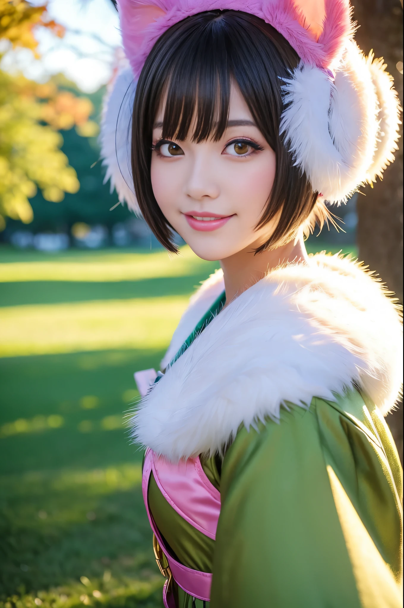 ultra sexy female, (-anime), only 1 female, very short hair, beautiful smile, lipgloss, long lashes, defined eyebrows, detailed anime cosplay, fluffy fur outfit, cosplay accessoires, headpiece, vivid colors, look at the camera, cinematic light, large park background with trees, sweet and sexy pose