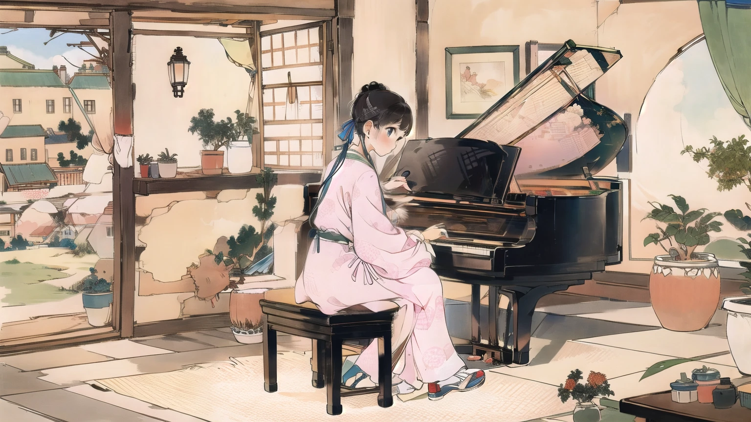 A pretty 20-year-old girl, Eia, is practicing the piano in a room with a window, looking at the cityscape.