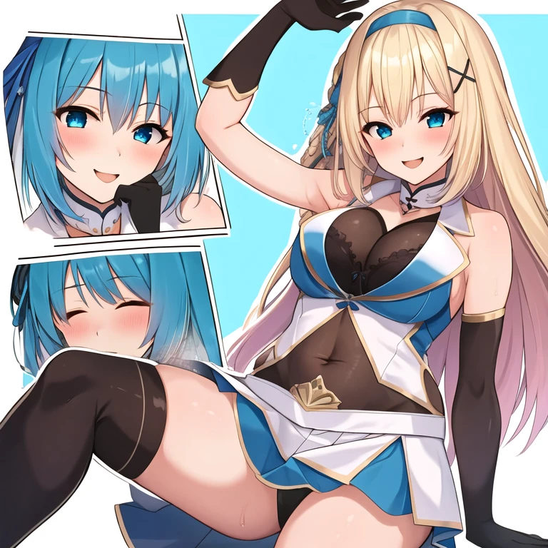 (masterpiece, best quality:1.2), 1 Girl, Solitary, blond, Blue hair band, 左边是Blue hair band, White, Black gloves, knight skirt, Smile, Solid color background