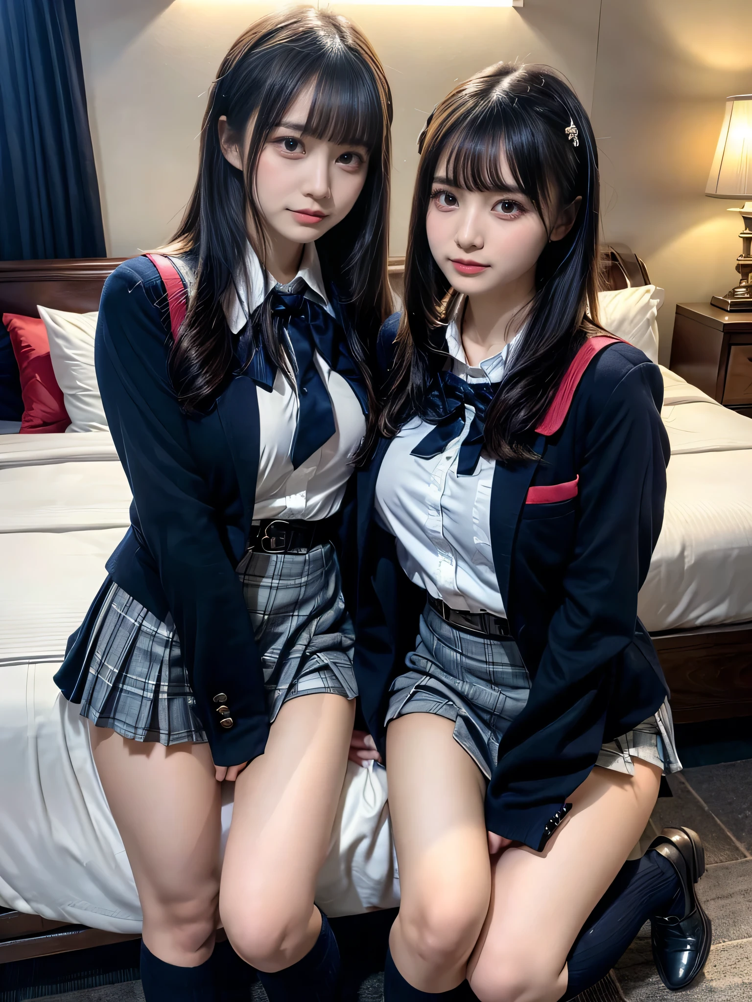 (8K, Raw photography, top-quality, ​masterpiece:1.2), muster piece, best quality, illustration, Super detailed, fine details, High resolution, 8K,wall paper, perfect dynamic composition,(Details High quality, realistic depiction of eyes:1.3), ((2 girls, 2 schoolgirls)), The background is a luxury hotel room、High school girl uniform、blazer 、Super Short Check Uniform Skirt、Navy blue high socks、garterbelts、Colossal tits、Disturbed uniform, Play with each other,Touching each other's bodies,Touching the body of the girl next door, short bob hair, black hair color, huge breasts, Big Natural Color Lip, bold sexy pose, (perfect body shape), crying a little、cold gaze, Harajuku style、Beautiful makeup,glitter makeup,Cutest 18 years old、 beautiful legs, hposing Gravure Idol, Voluptuous thighs