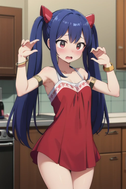 masterpiece, highest quality, High resolution, Arwendy, Long Hair, Twin tails, hair ornaments, Exposing shoulders,
blouse,Bracelet, bracelet, at home,dynamic pose, Cowboy Shot, Embarrassed,