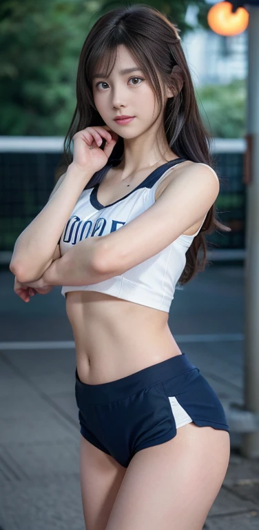 (masterpiece:1.3), (in 8K, Photorealsitic, Raw photography, Top image quality: 1.4), japanes, (1girl in), a beauty girl, (((Volleyball uniform with white upper body、Dark blue bloomers))), Bloomers (Bloomers in Japan School, Seamless design, Bloomers are dark blue, tight fitted、Bloomers are a thin fabric with elasticity、The length of the bloomer is from the navel), Weight Training Room、(Face like the real thing), Beautiful hairstyle, realisticeyes, Eyes in Beautiful Details, (real looking skin), Beautiful skins, enticing, 超A high resolution, A hyper-realistic, high detailing, the golden ratio, (Detal Face:1.2), see the beholder,masutepiece, Best Quality, Ultra-detailed, finely detail, hight resolution, Composition of the whole body、Glossy thighs、超A high resolution、professionally lit、Photon mapping、Radio City、physically-based renderingt、Cinematic lighting、depth of fields,Focusing,Sun'rays,Good composition,(Bokeh:1.2), (((1 girl of 20 years))), Double eyes、Open Legs Pose、Bold legs open、Beautiful detailed eyes, fitness wear, Natural Color Lip,Photorealsitic、realisitic、solo、Photorealsitic、top-quality、extra detailed face、extremely detailed eye and face、beatiful detailed eyes、absurderes、incredibly absurdness、Brown hair、Wavy hairstyle、Middle hair、(extremely details CG、8K Wallpapers)、(extremely delicate and beautiful)、beautiful lighting、Perfect litthing、realistic shadow、Detailed skin、ultra-detailliert、detailed faces and eyes、Realistic eyes、Sharp pupils、beauitful face、plein air、japanese high school、blurry backround、shinny skin、Blunt bangs、Full body composition, looking in camera, Japan Female, 20 years old, Perfect beauty, Pore-visible texture, Perfect facial features, clear bare skin, clear bare skin, Beautiful toned body, Legs wide open、The number of fingers is 5、