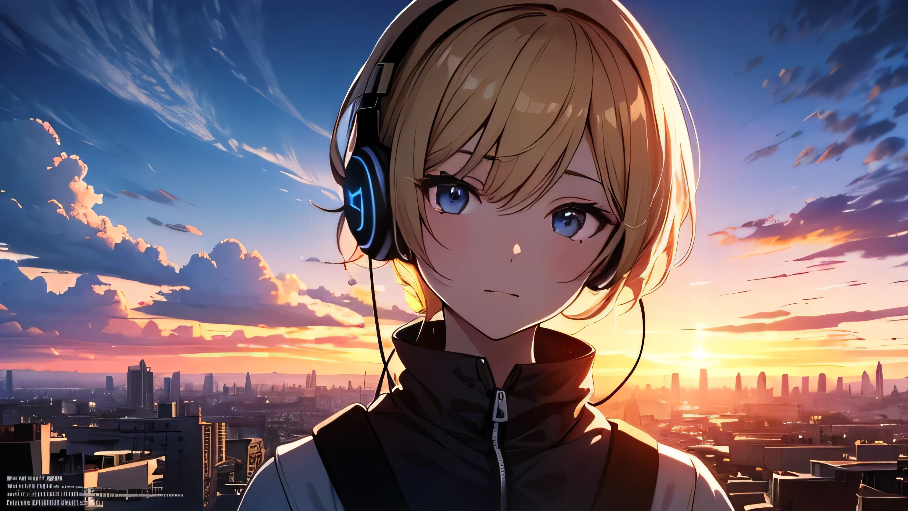 Absurd, High resolution, (Official Art, beautifully、aesthetic:1.2), Close-up, Bright Sky, A vast world, girl, Wear headphones, stare, Awe-inspiring expressions, Distant Horizon, cloud, High Hill, Natural Beauty, Inspiration, Light effects,Looking down from above、Streetscape、Staring at the sky