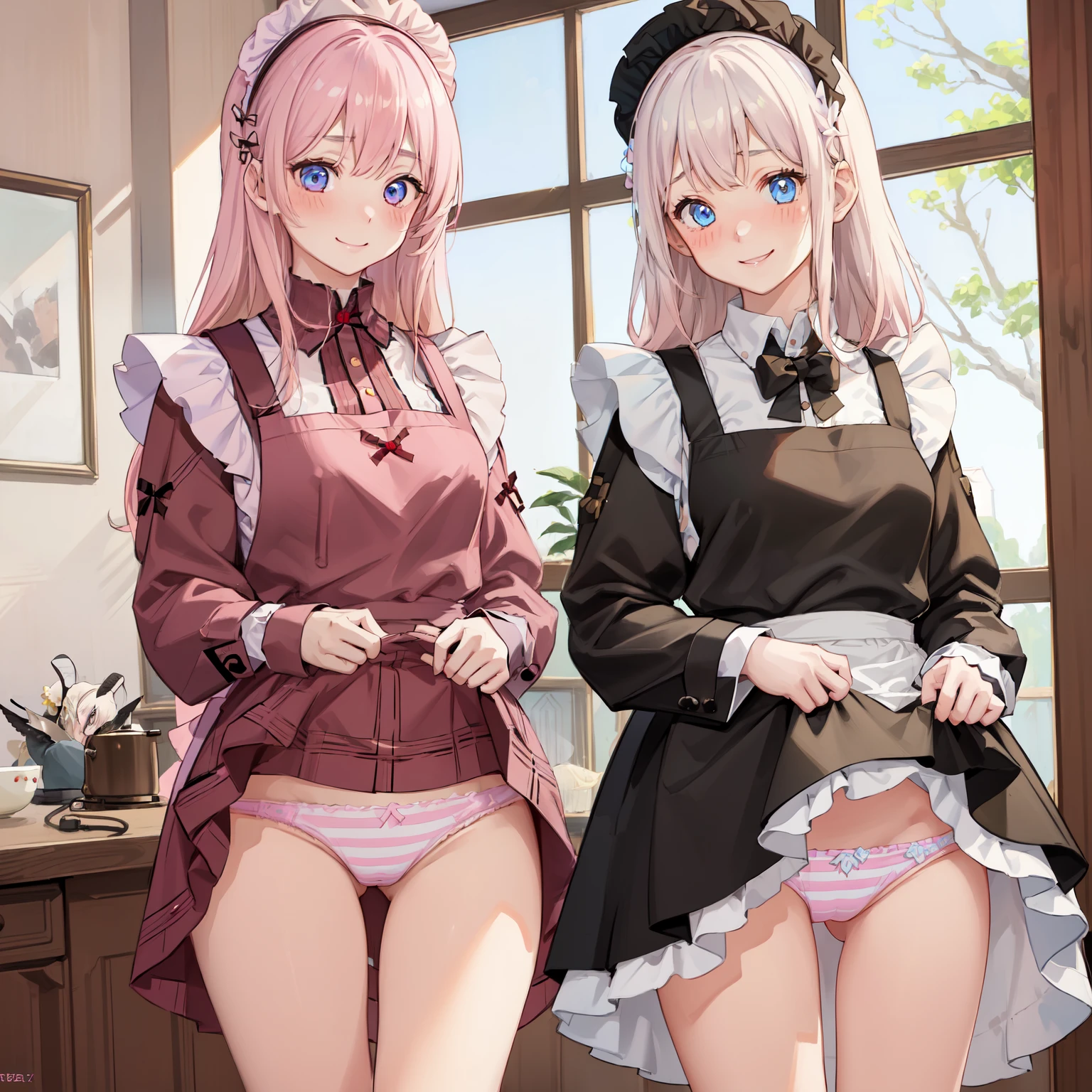 highest quality、masterpiece、((2 girls:1.5))、((smile:1.3))、(blush:1.3)、Black Shirt、blouse、((fun!!))、(Small breasts)、()、Blonde、(Long sleeve)、((White apron:1.5))、((Maid))、((hair ornaments)),、Kamimei、look at me、 ((in house:1.5))、 Taking a break from watching the audience、Cowboy Shot、(Skirt lift:1.3),(Highly detailed pink striped panties:1.3)、(Highly detailed panties:1.3)、、(スカート that rolls up:1.3)、(Panties fully exposed:1.5)、Light blue eyes、long hair、Glowing Eyes