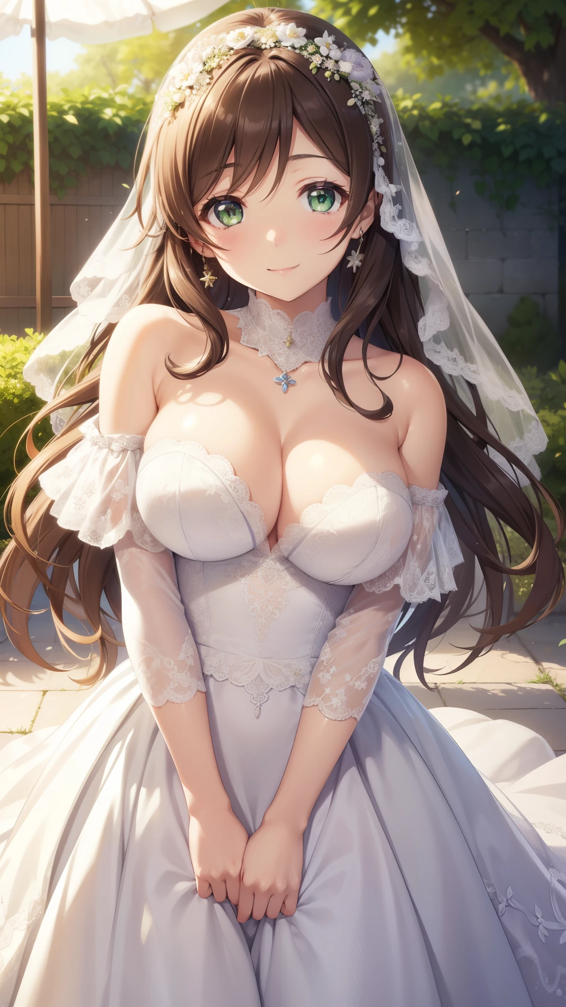 nozomitoujou, nozomi toujou, green eyes, brown hair, curly hair, large breasts, masterpiece, best quality, high resolution, beautiful detailed eyes, extremely detailed face, good lighting, detailed CG, messy hair, garden, light smile, wedding dress, off the shoulder