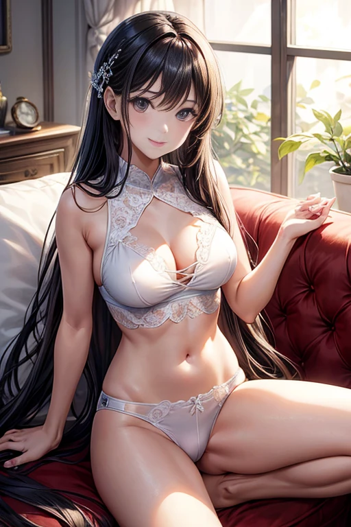 highest quality、masterpiece、8k、Sharp focus, Beautiful woman with perfect figure,One Girl、A girl with long hair wearing a white thin lace sleeveless top、Pretty girl、Toned body、Medium chest、No bra、Cowboy Shot, A light smile, 、living room、Looking at the camera、