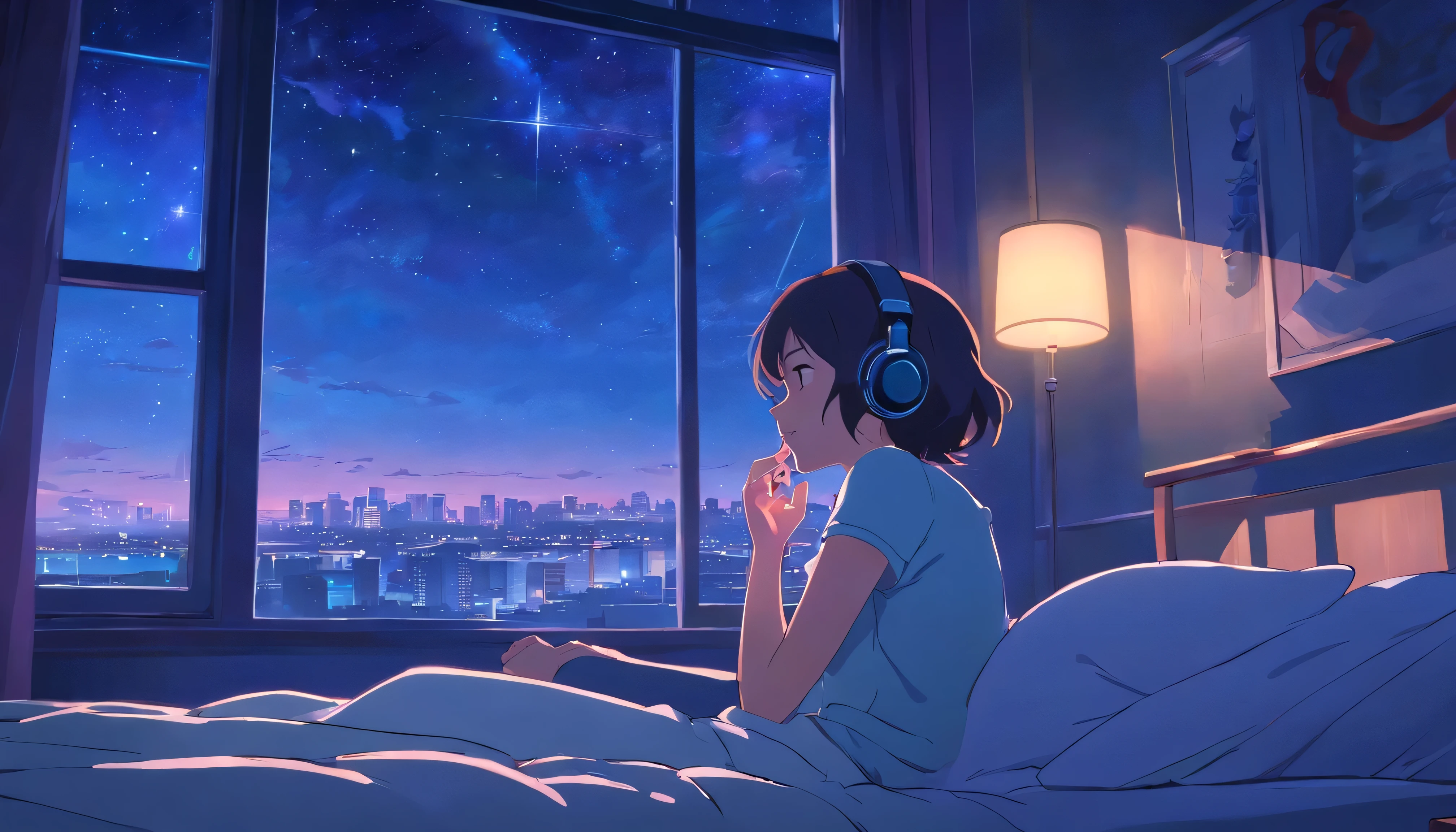 Girl listening to music with headphones by the window in bed、night、Lots of stars in the sky